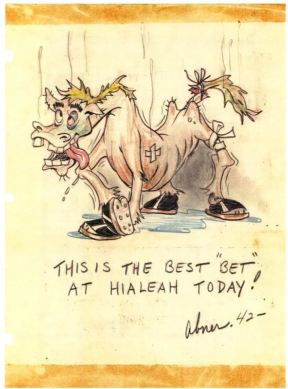   Drawing by animator Abner Kneitel. While working as an animator, Ozark did sports cartoons on the side. This gag cartoon is in reference to the horse races at the Hialeah Park Racetrack that he frequented.  