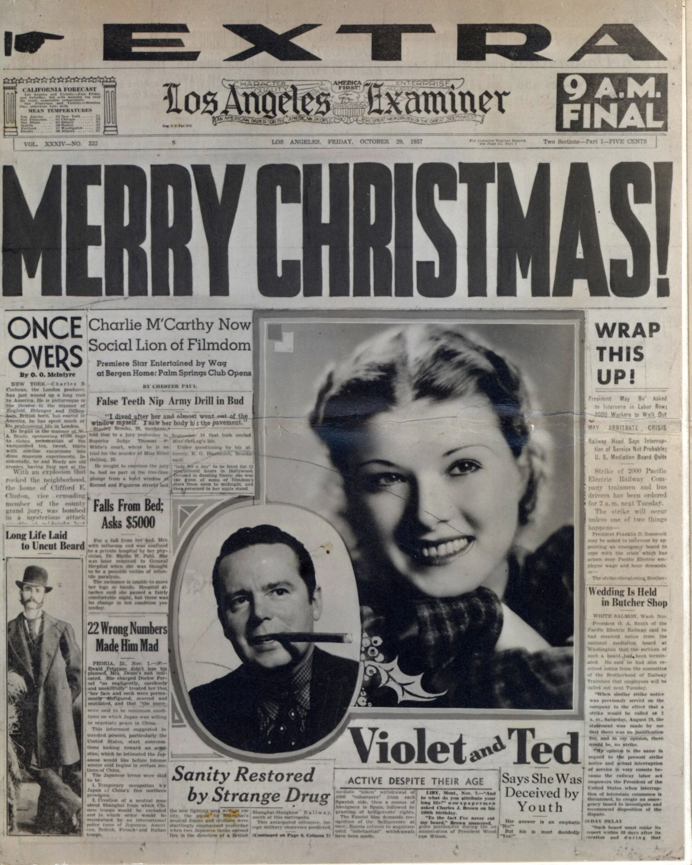 From Violet (Vee) and Ted Sears, dated 1937. This card must be before their baby, Marcie, was born. After the baby arrives she is featured in the Christmas cards. Before coming to work for Fleischer Studios, Ted worked in silent films where he letter