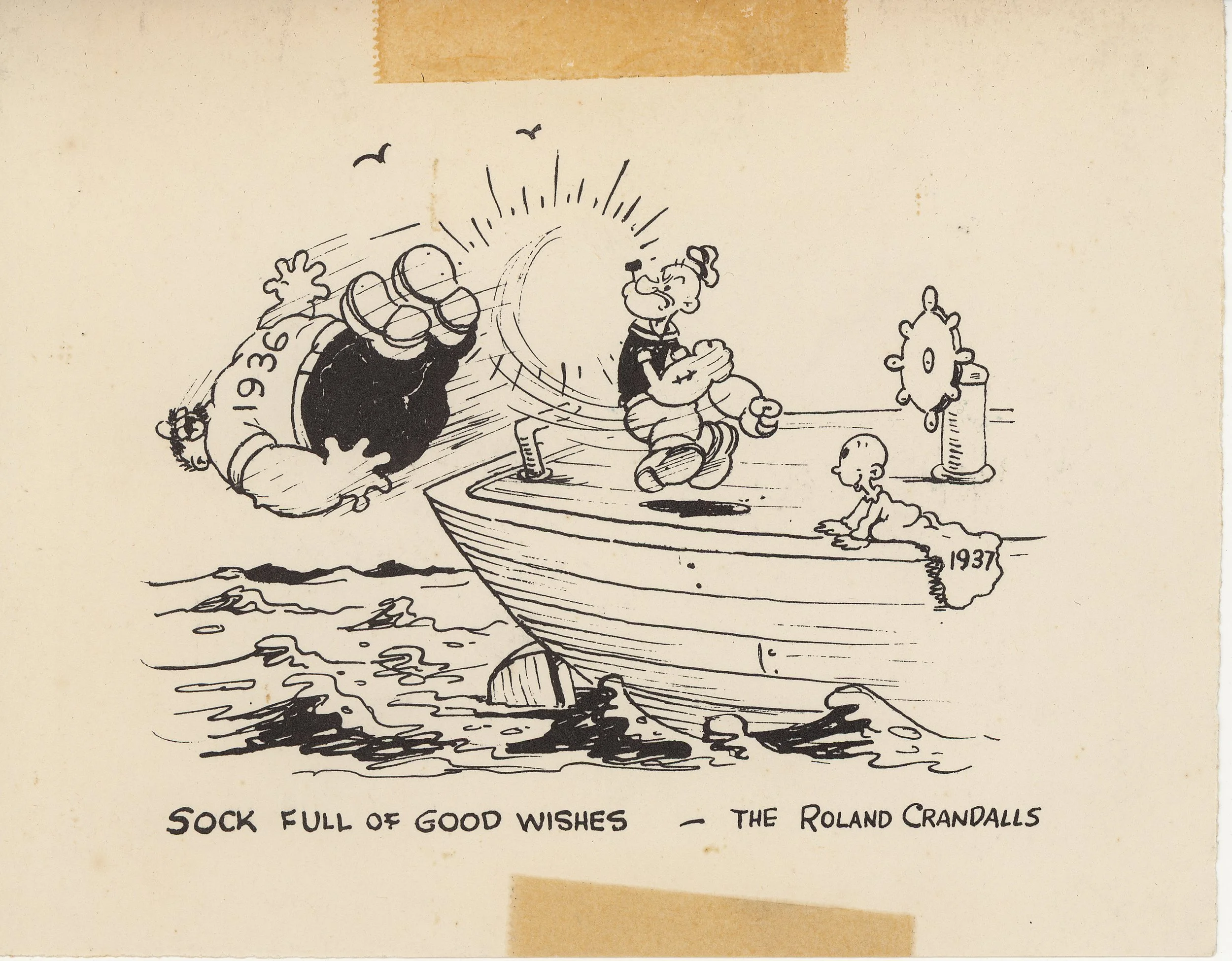 This 1937 card from the Roland (‘Doc’) Crandalls features Popeye and company. Besides an amazing career in animation, ‘Doc’ had served in the Mexican Border Conflict and with the 11th Engineers in the French front during World War I, and in World War