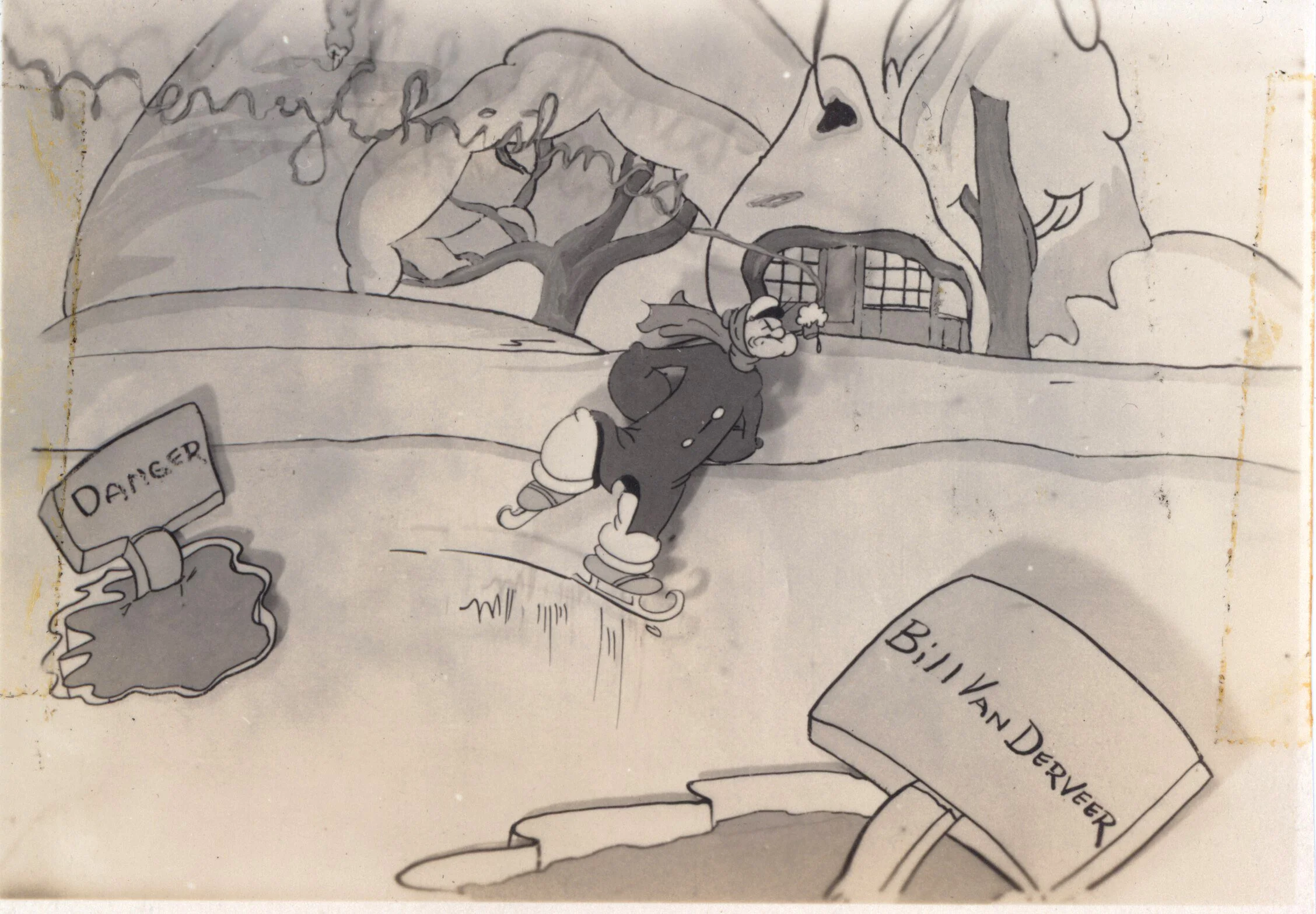 This card by Bill Van Derveer shows Popeye ice-skating. We can’t find any information on Bill so it’s not clear what his position in the Studios might have been.