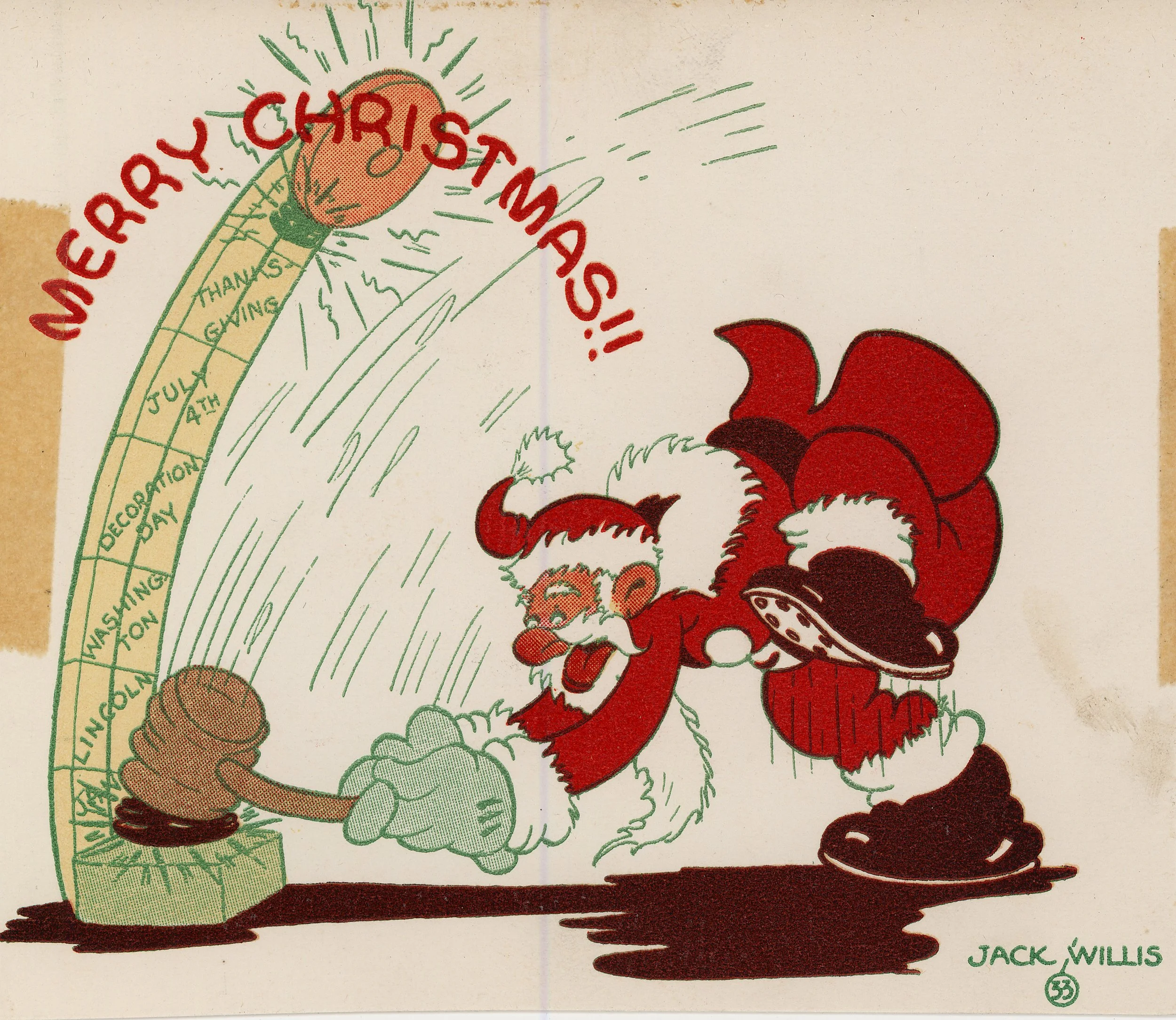 This 1933 card showing an exhuberant Santa is from Jack Willis.
