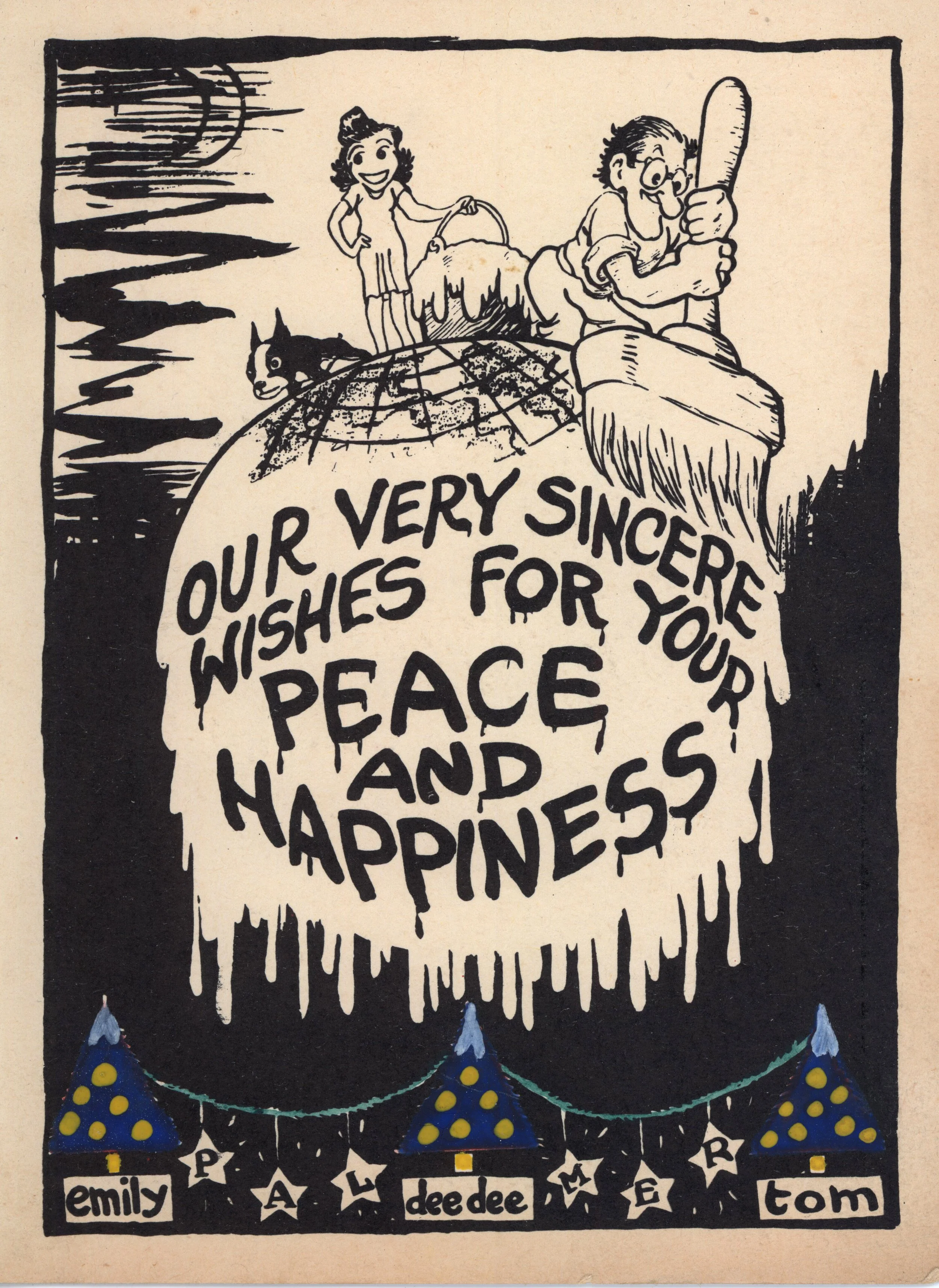 This card is from Emily, Dee Dee, and Tom Palmer. Tom Palmer’s birth name was Anthony “Tony” Pipolo. Apparently for professional reasons he changed it to Tom Palmer. Tom had worked at a number of other animation studios, including Universal, Disney, 