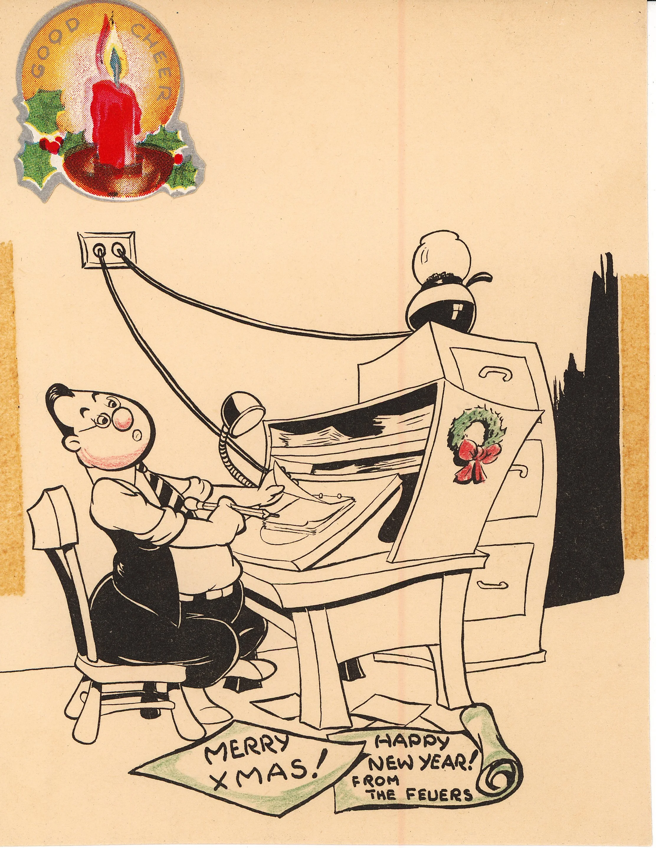 From animator Otto Feuer and family. This drawing is interesting since it shows a typical animators desk of the day with an angled drawing board with a light behind, and shelves to store stacks of completed work.