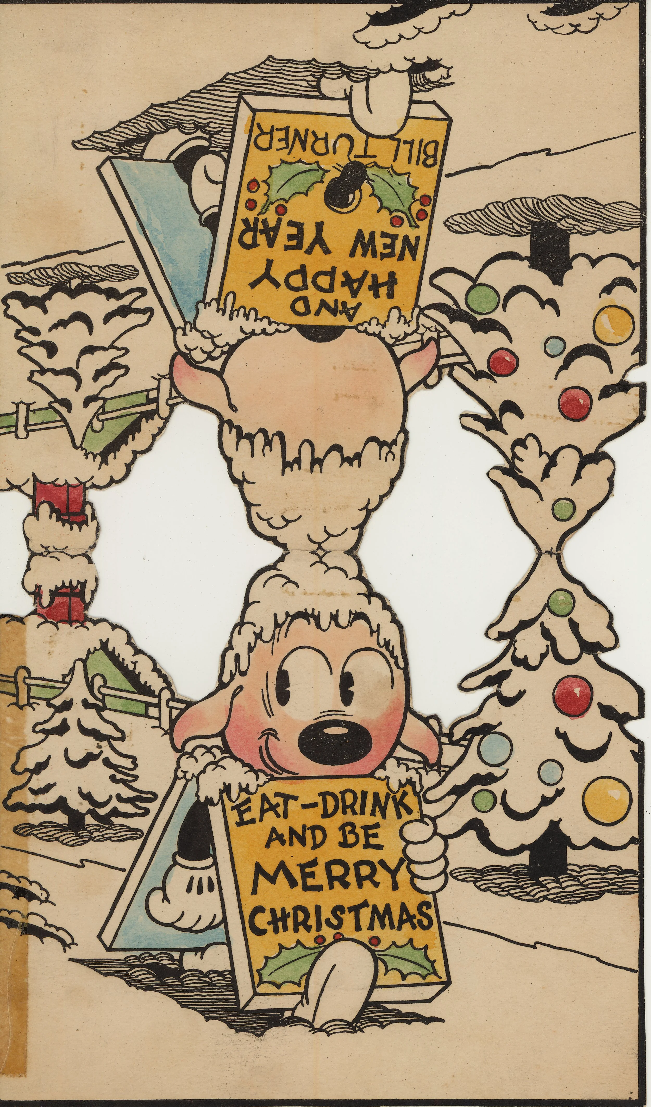 Bill Turner worked in the story department at Fleischer Studios and was writer on many films including “Mr. Bug Goes To Town,” “Raggedy Ann and Andy,” as well as films in both the Popeye and Superman series. In this card that fold to stand up, Bimbo 