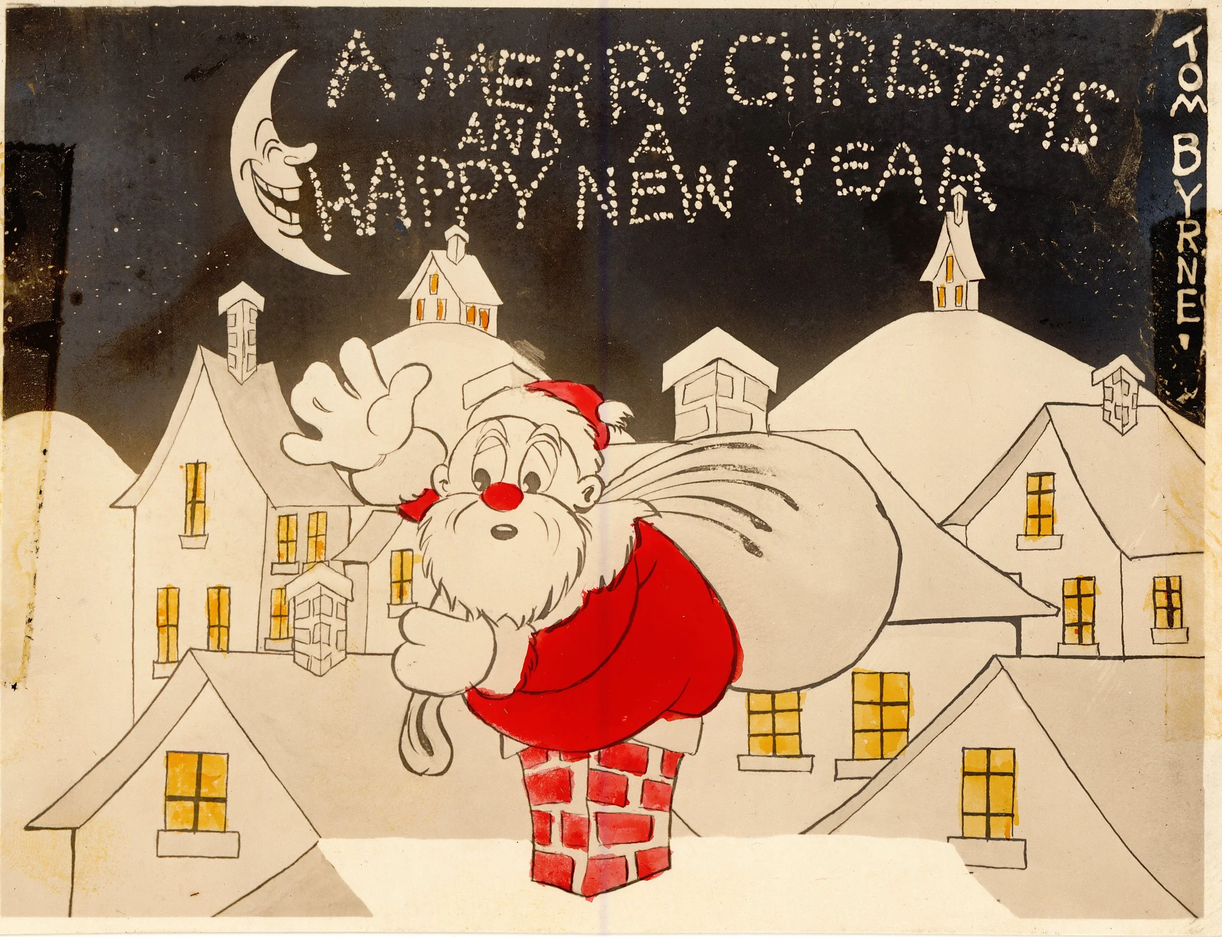 This card from Tom Byrne shows Santa having a tough time with the chimney.