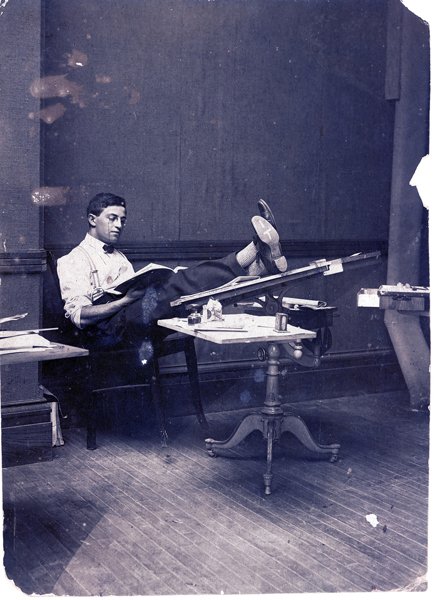 Max Fleischer, working. On the bottom of his left shoe he’s written the word ‘IT.’ Likely early 1900′s. Collection: The Fleischer Family Collection
