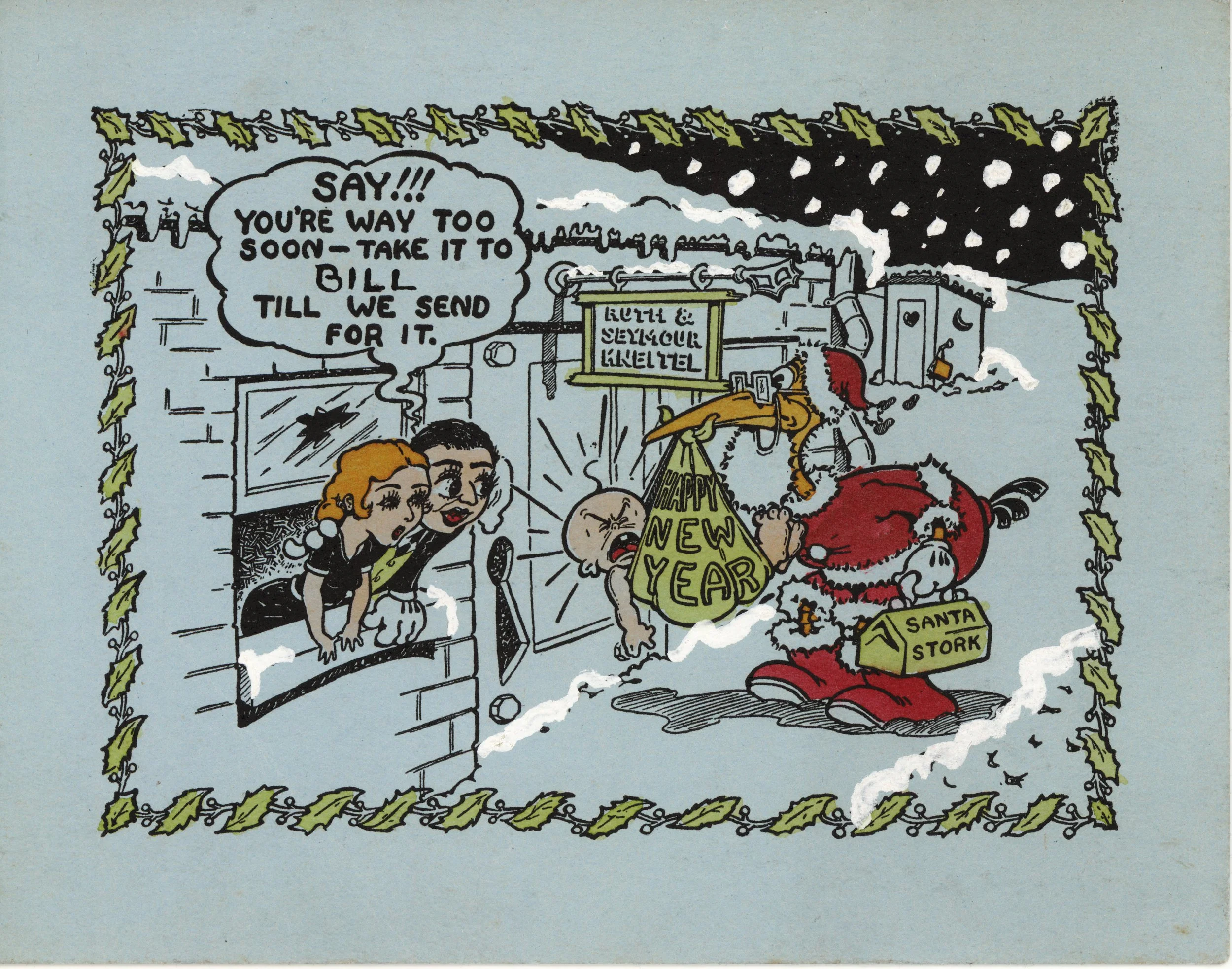 This card from Ruth and Seymour Kneitel showns yet another encounter with a stork deliver. Ruth and Seymour had met while both were working at Fleischer Studios... one of many studio marriages.