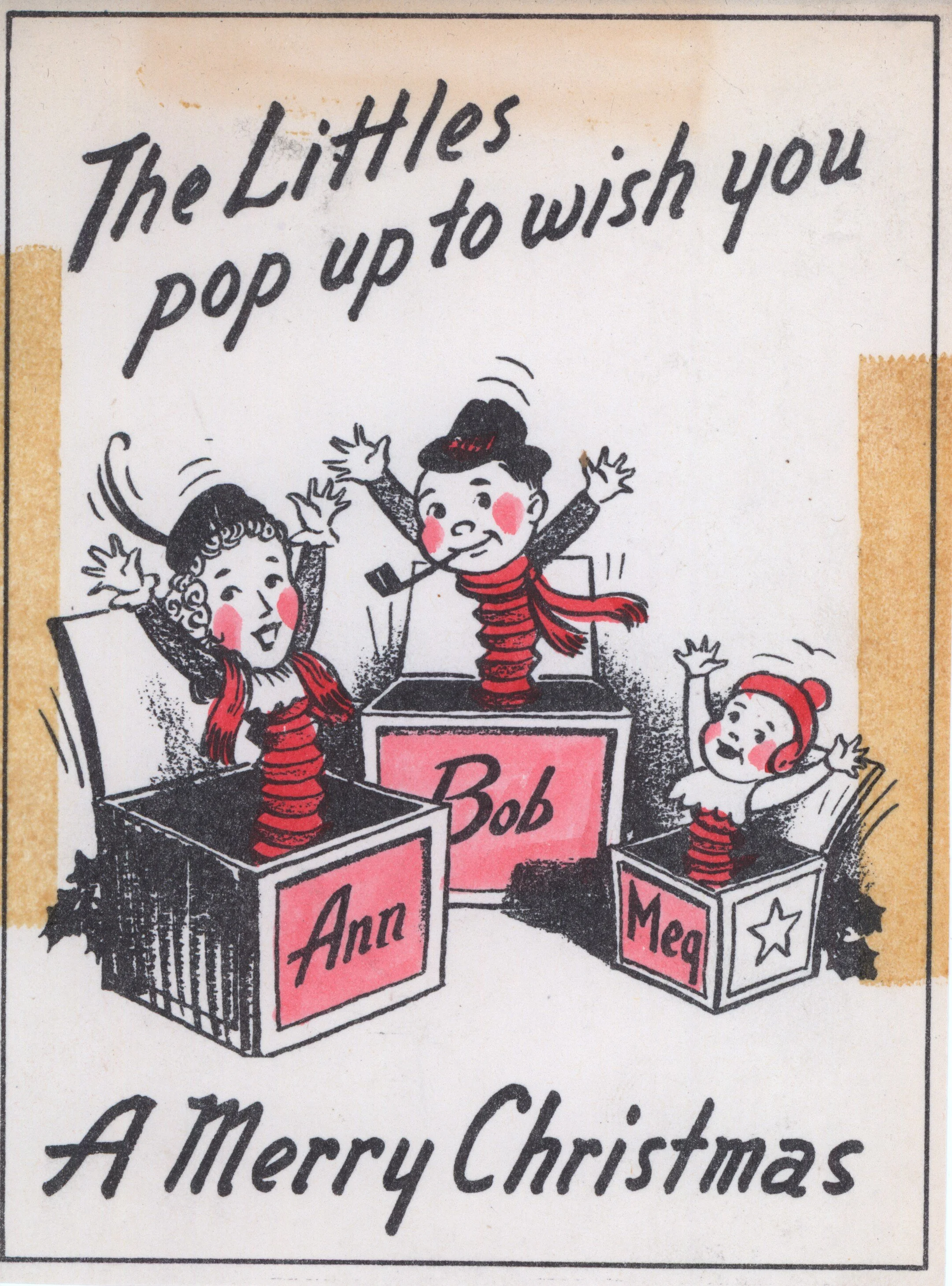 Here’s a card from Bob Little, wife Ann, and daughter Meg. Bob was a long time Fleischer staffer who was well known for the creation and painting of backgrounds. His Christmas cards tend to feature his family.