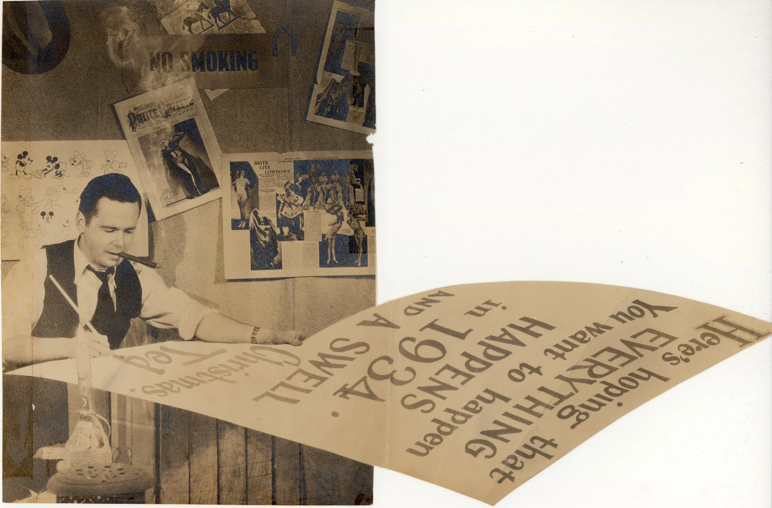 Before he began work for the Fleischers, Ted Sears began his film career by making props, lettering title cards for for silent films, and working with trick photography. His interest in those special effects is reflected in his Christmas cards. This 