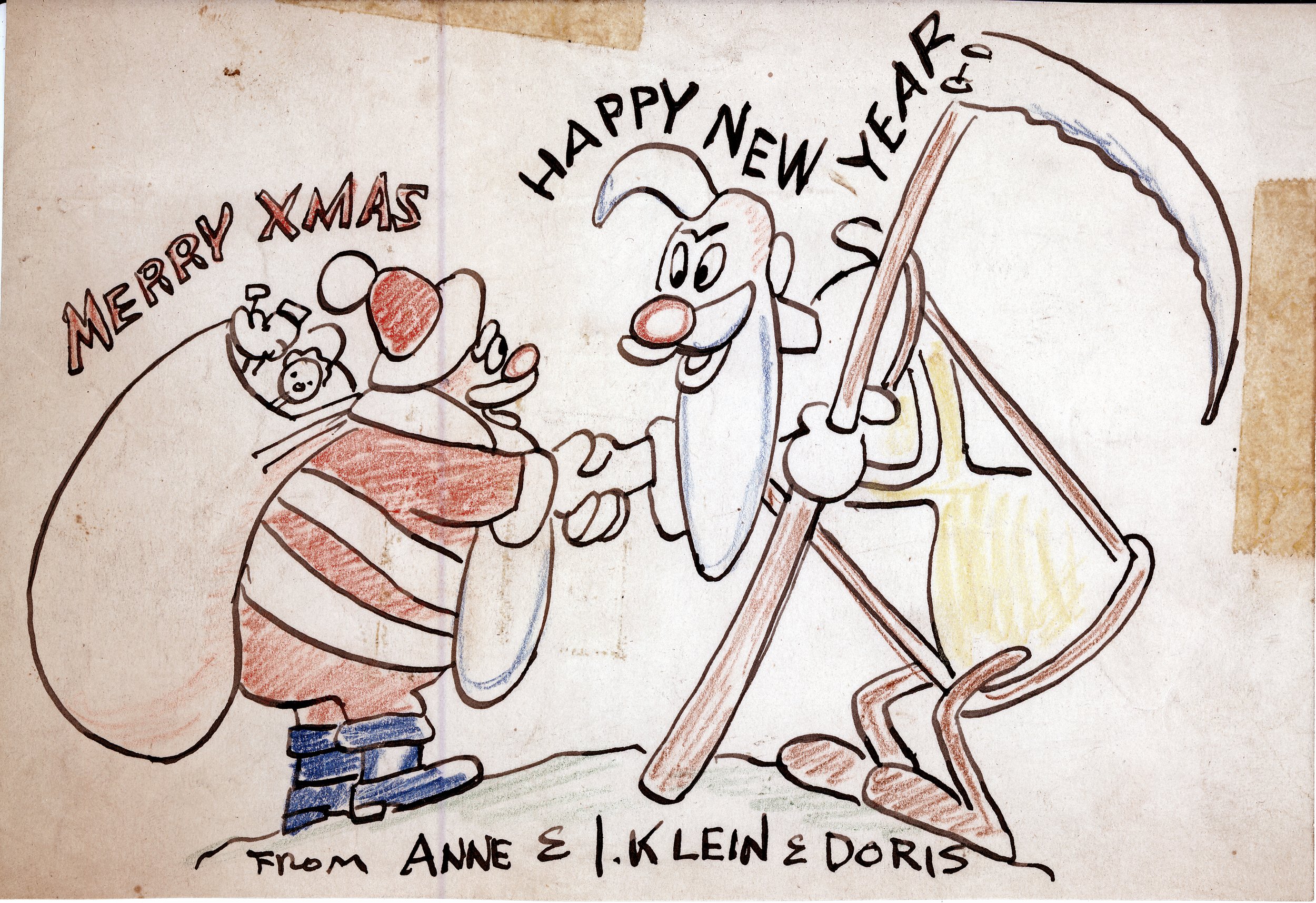 From Ann and Izzie Klein and Doris. Izzie Klein was a story man at Fleischer Studios and apparently was one of the first cartoonists at the New Yorker, as well as working later for Disney. This card completely hand drawn as well as hand-colored.