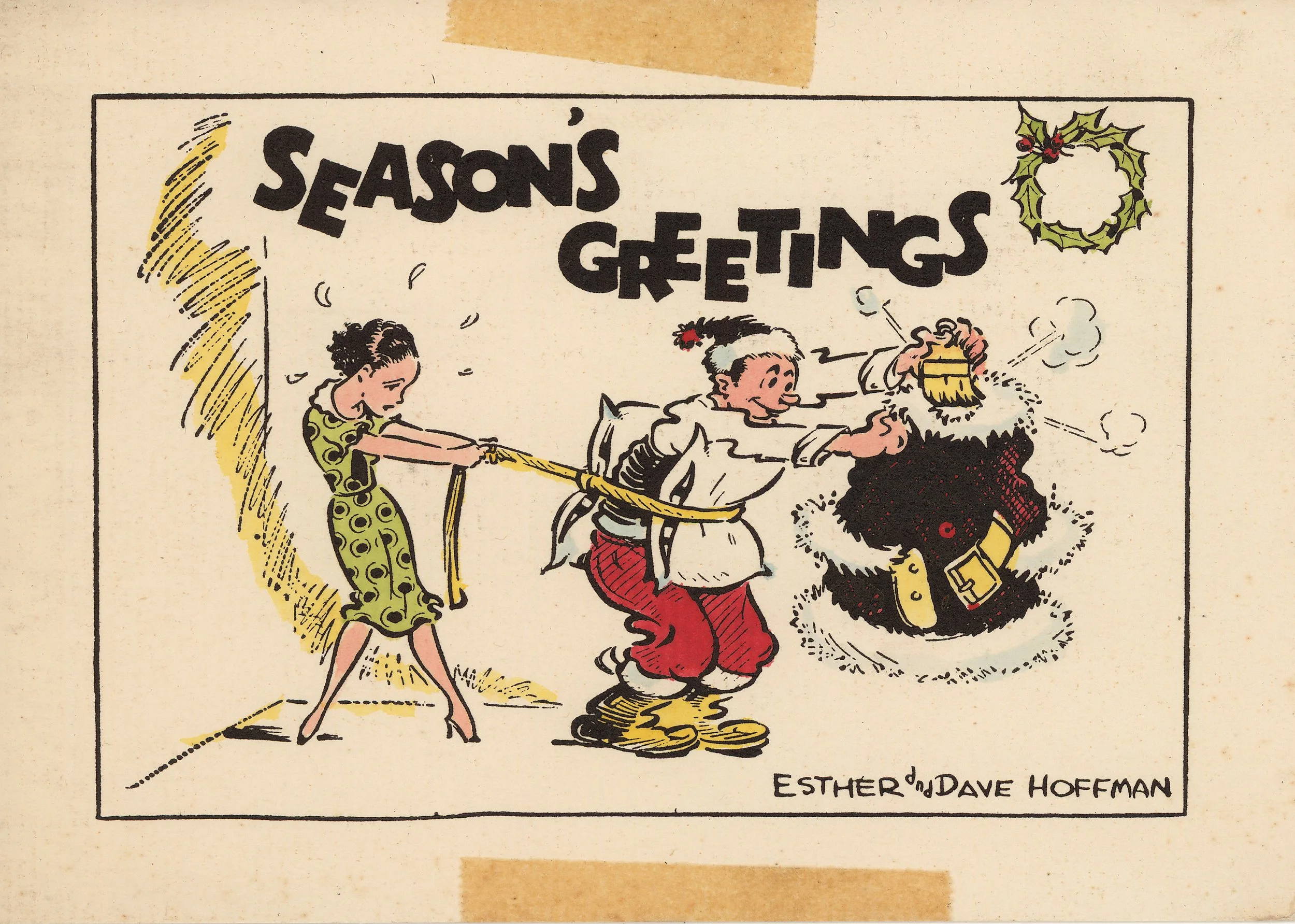 This cards shows Dave Hoffman being helped into his Santa costume by wife Esther.