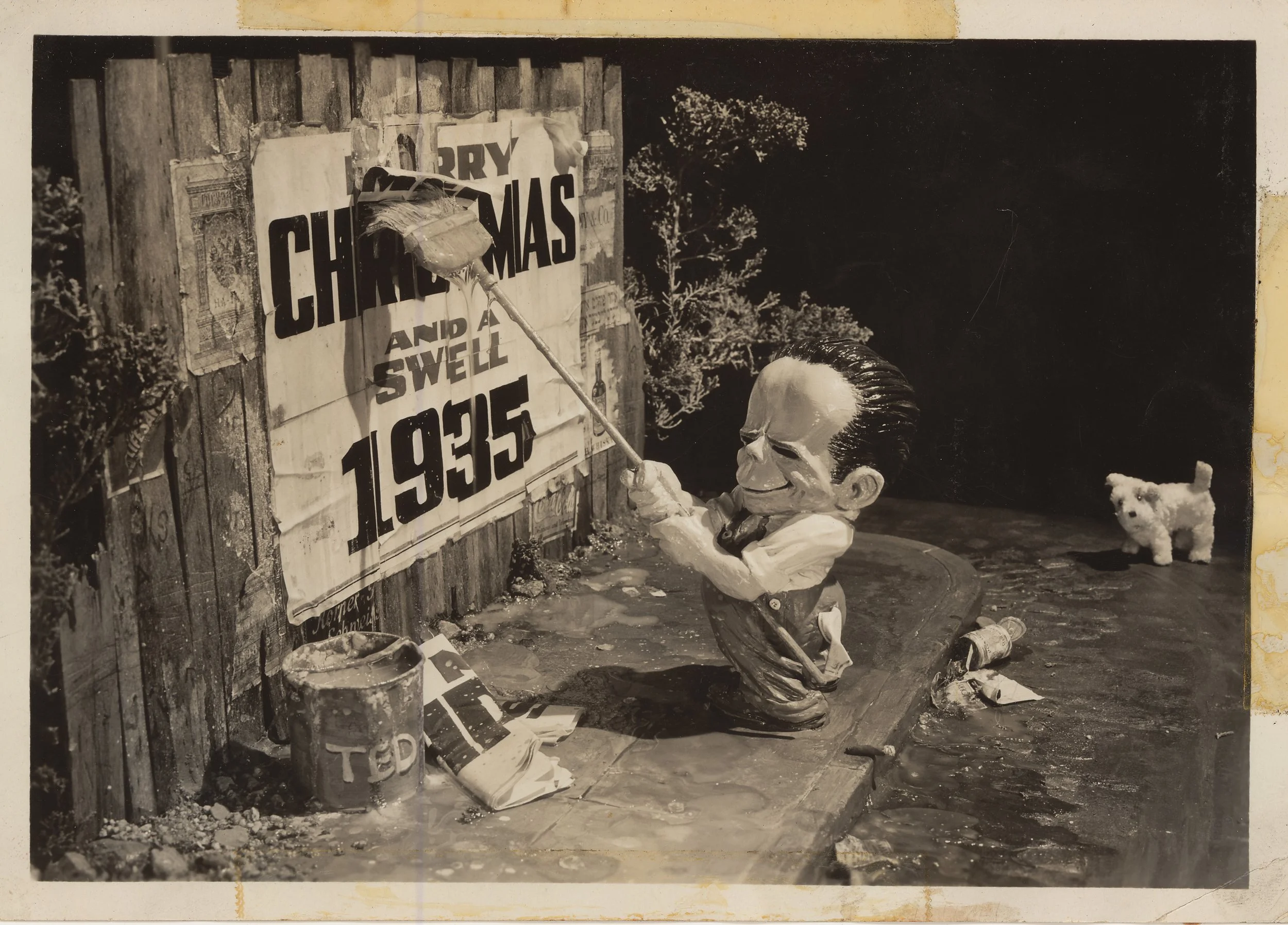 Ted Sears’ Christmas cards were known for their elaborate set-ups using collages, props, and sets. This card dated 1935.