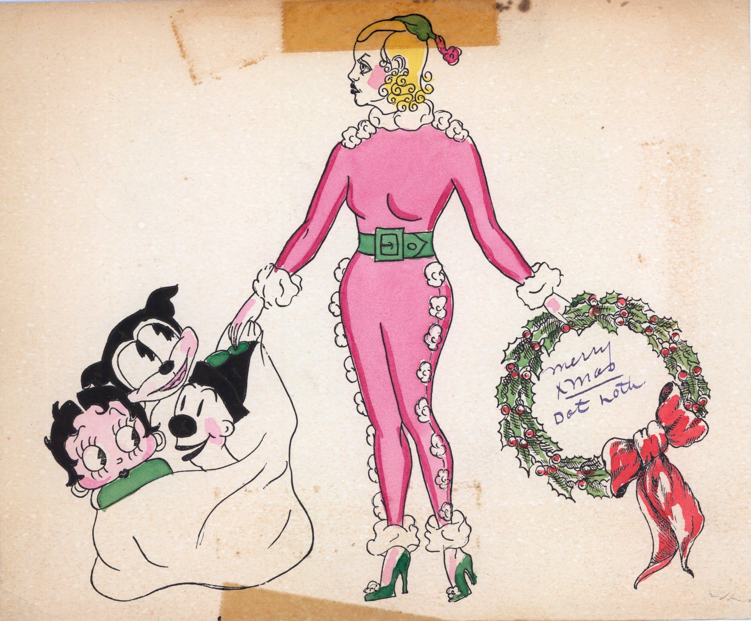 This rare card from a woman is from Dot Loth. Dot appears to be holding a bag with Betty, Ko-Ko and Bimbo. It’s possible that Dot was in the inking or painting department. Is there a relative of Dot’s out there who can give us some information?