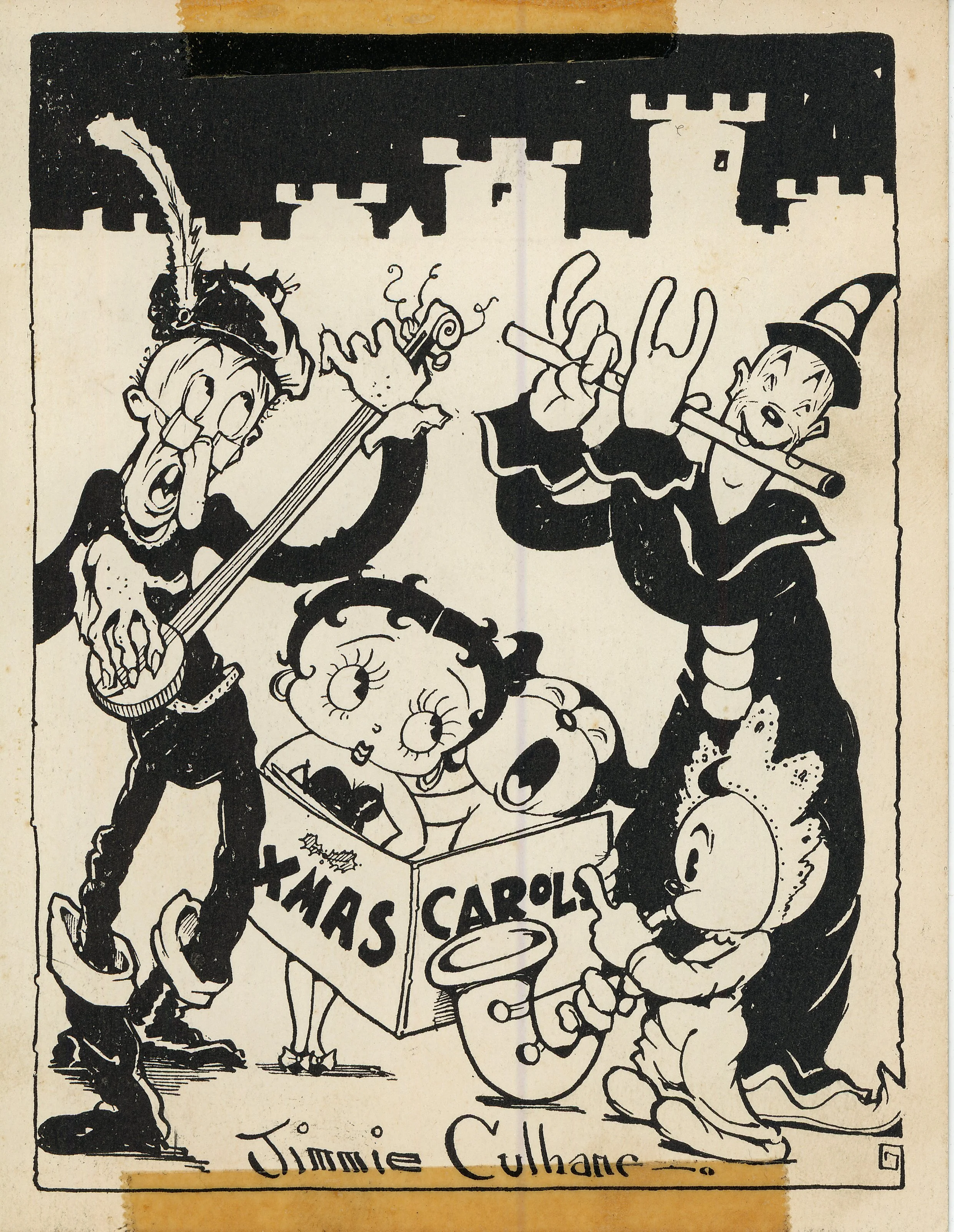 This card from Jimmie (‘Shamus’) Culhane includes Fleischer stars, Betty Boop, Bimbo and Ko-Ko. Shamus is best known for animating Betty Boop's famous hula scene in “Bamboo Isle.” That same dance was re-used in the first Popeye animated film (which w