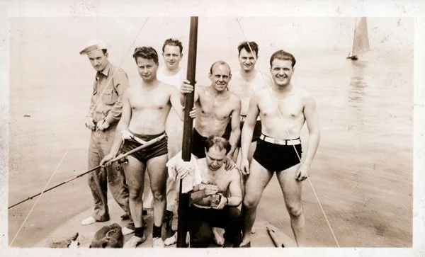 Fleischer Studios staff on a fishing trip. L to R: John Walworth, Myron Waldman, Seymour Kneitel (rear), Dave Fleischer (crouching down), Abner Kneitel on far right. Other 2 people unidentified. The Fleischer Family Collection