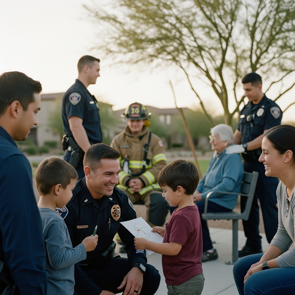 Firefighter is smiling and talking to two young boys, one of whom is showing him a drawing. Two adult women and two other firefighters are also present, with the firefighter in the background wearing full gear, including a helmet. The scene is outdoors, with trees and a building visible in the background, during the daytime.