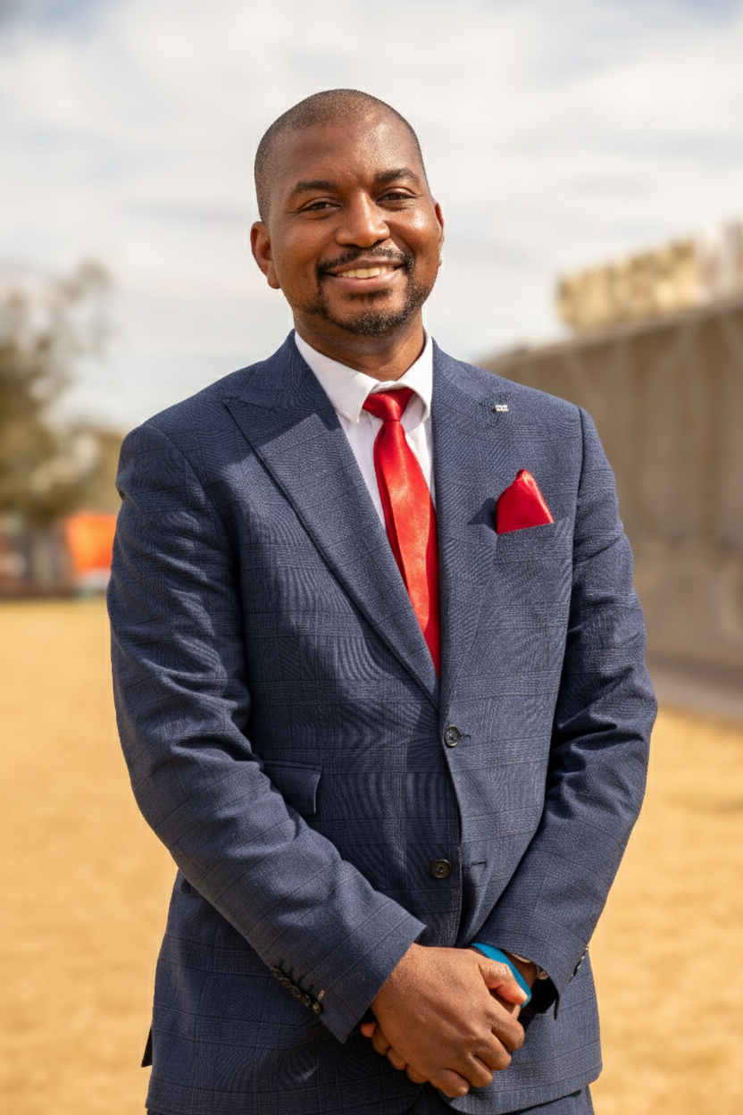 A man dressed in a dark blue suit with a red tie and matching red pocket square, standing outdoors with a blurred background of a bridge and trees, smiling at the camera.