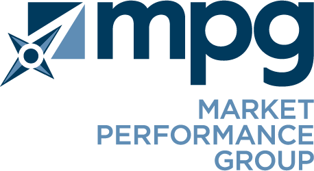 MPG logo, with a navy blue compass/star icon beside the lowercase letters "mpg" in navy blue, and "Market Performance Group" stacked below in blue text.