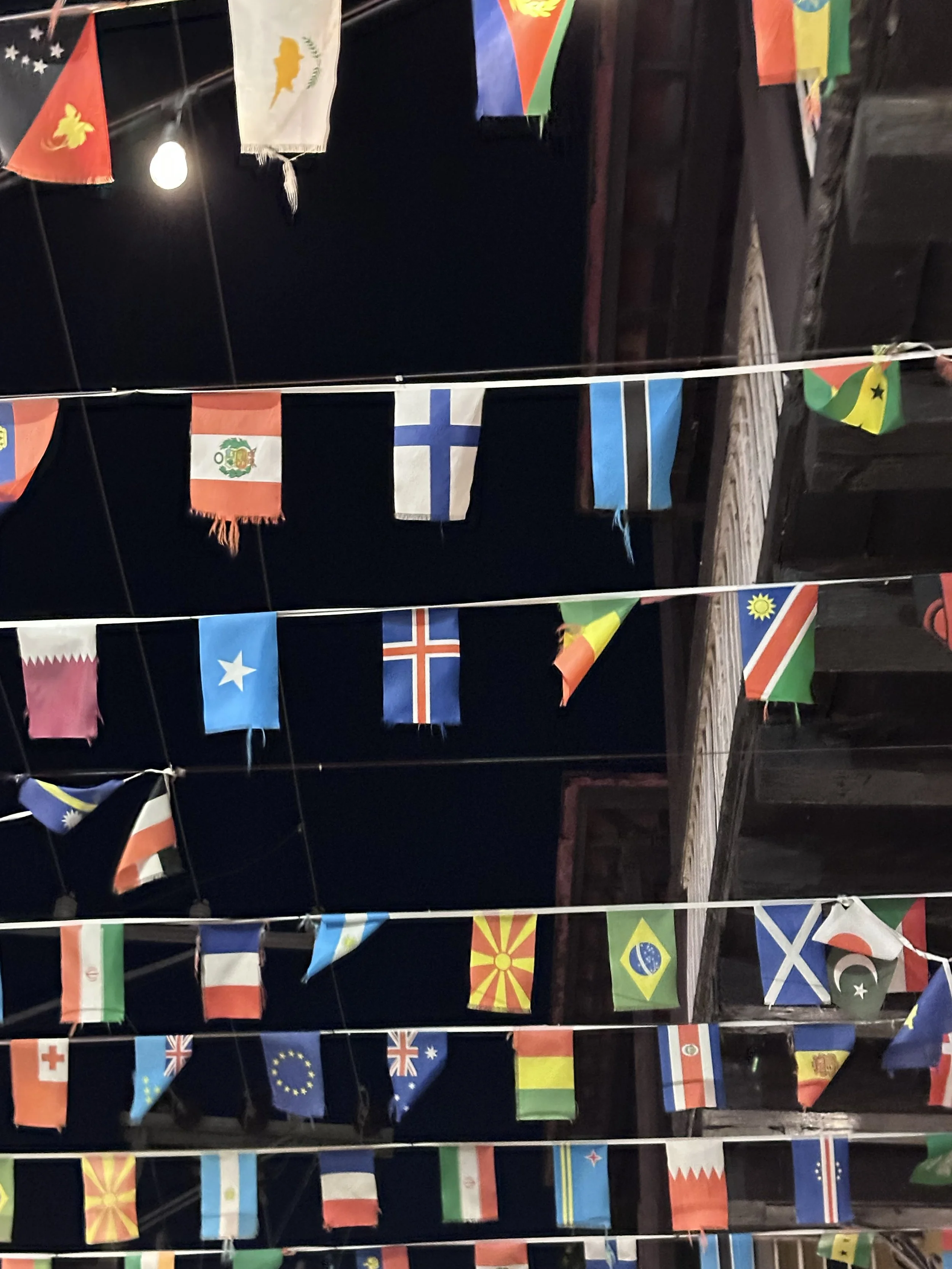 A display of numerous international flags hanging on strings against a black background.