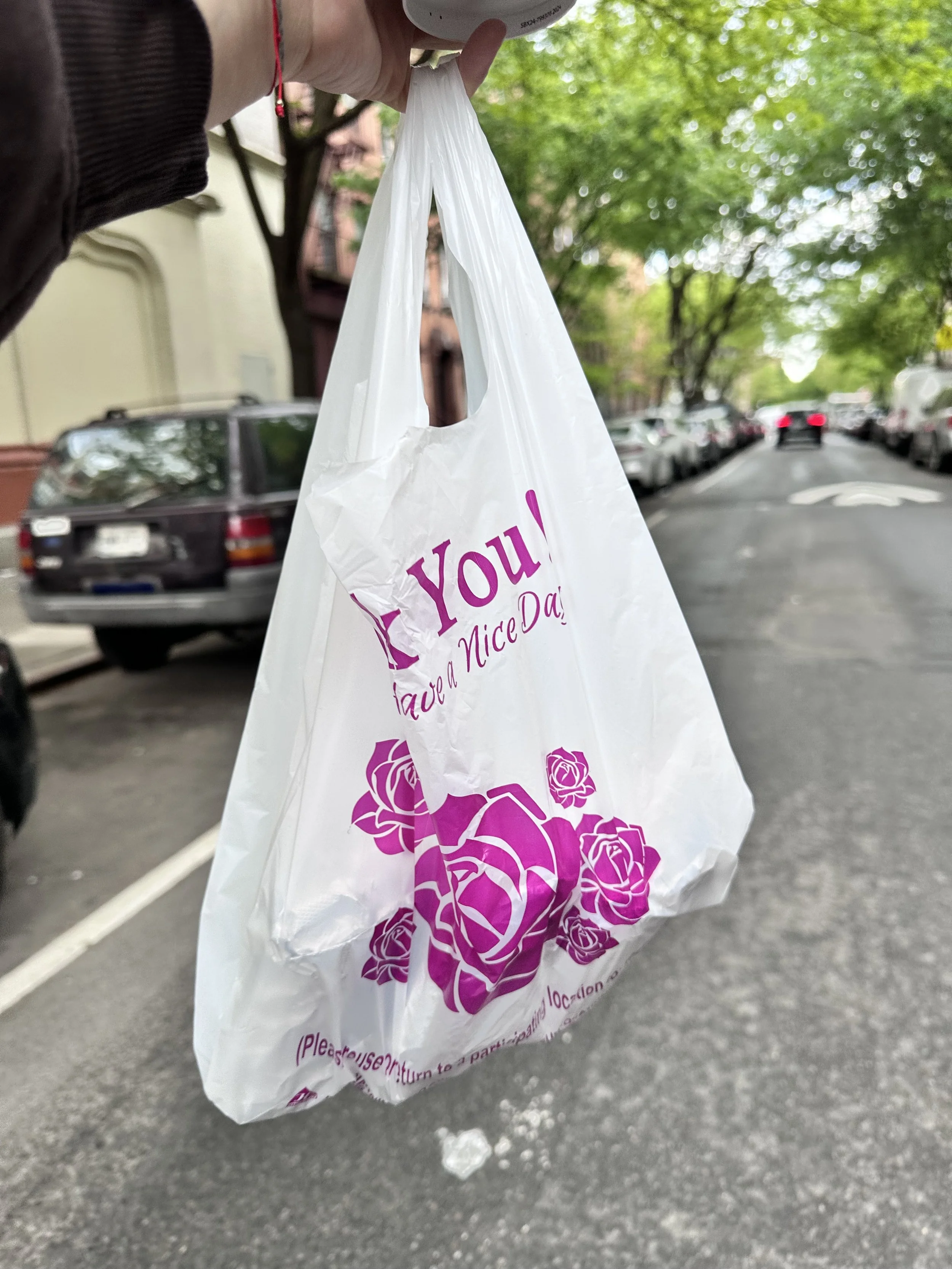 A white plastic bag with purple roses and text is being held by a person against a background of parked cars and green trees on a street. The person is wearing a dark sleeve and a red bracelet, in Spanish Harlem in New York City.