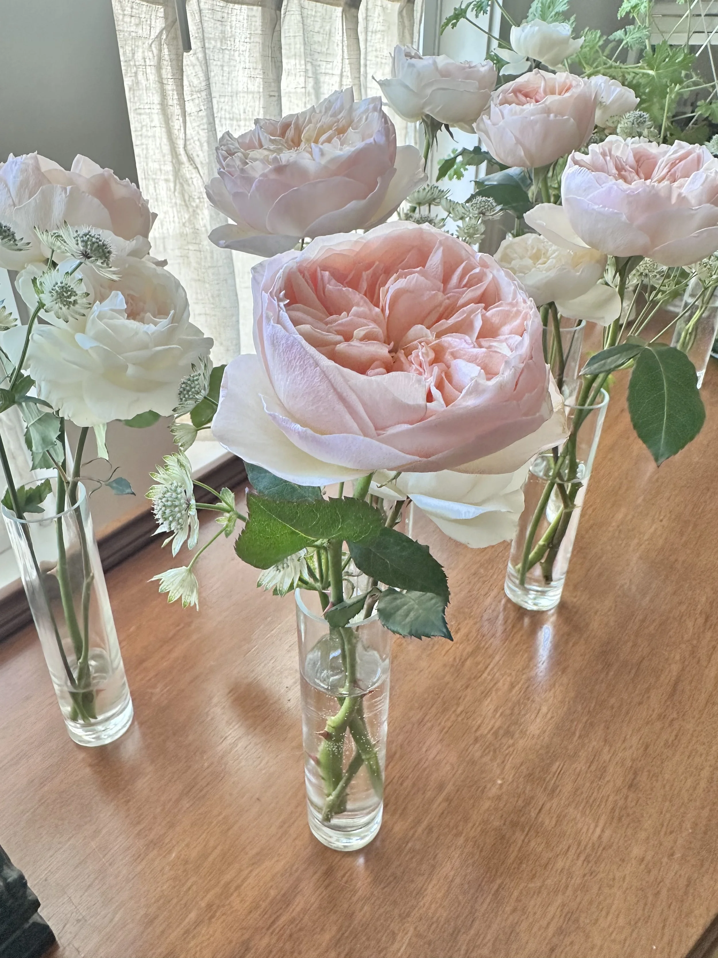Several glass vases filled with pink and white roses and other flowers placed on a wooden table near a window with curtains.