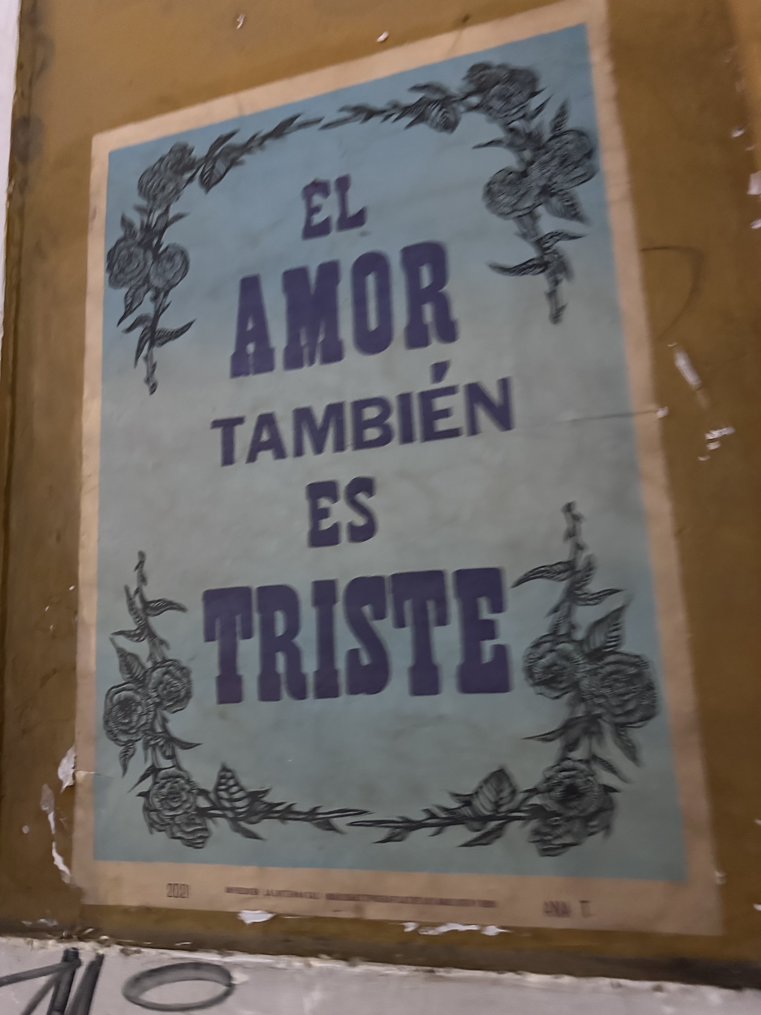 A poster with a floral border and the words "El Amor También Es Triste" in large purple letters in Santa Marta Colombia.