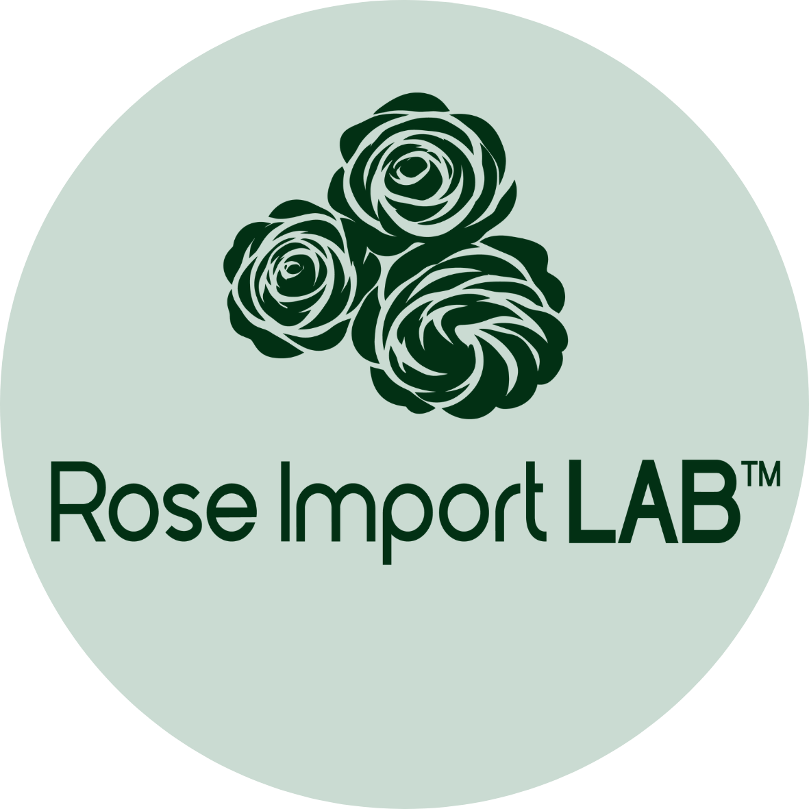 Logo for Rose Import LAB featuring three stylized roses above the text 'Rose Import LAB' in green on a light green background.