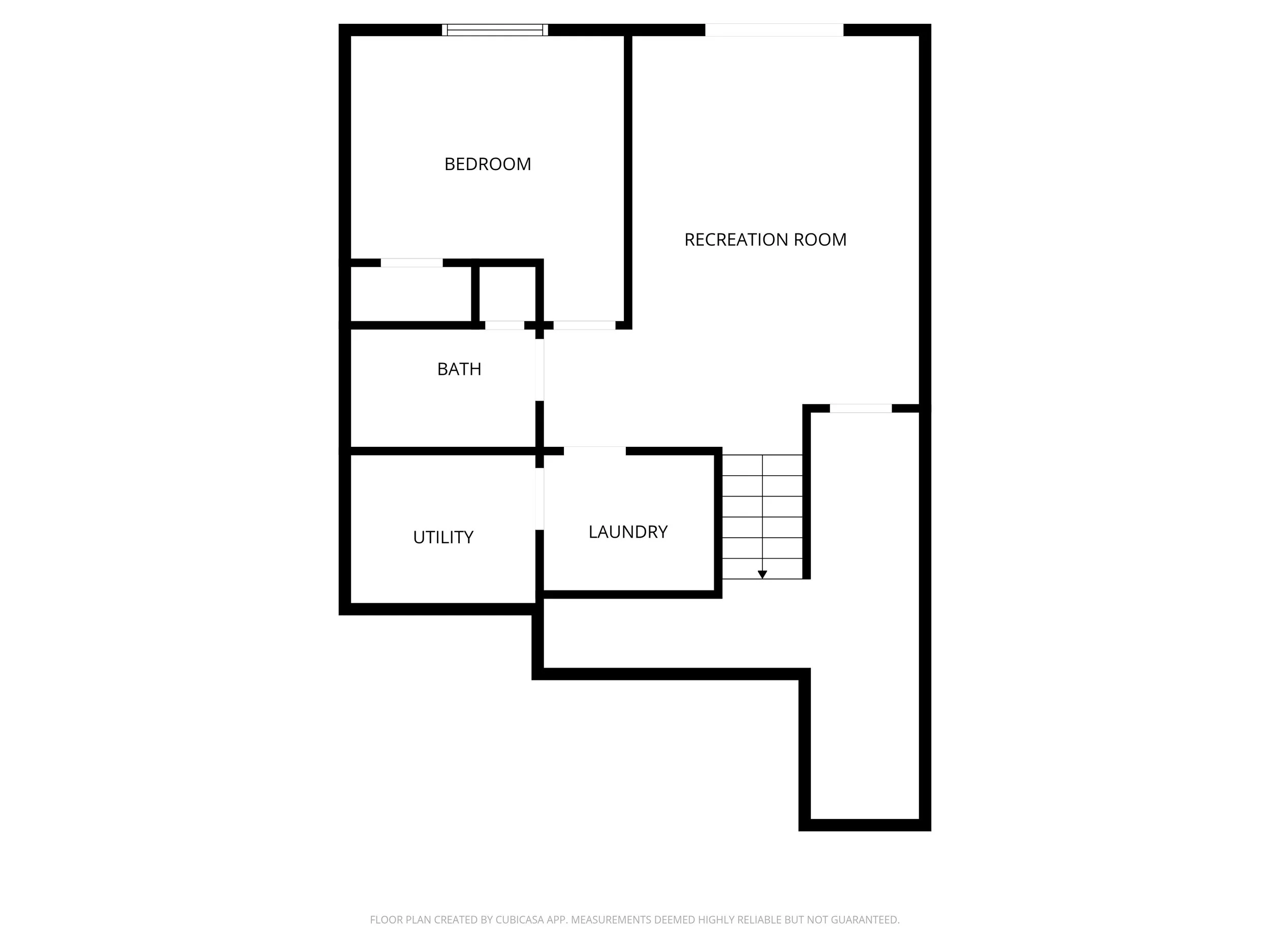 Floor plan of a house showing a bedroom, recreation room, bathroom, utility room, and laundry room, with staircase.