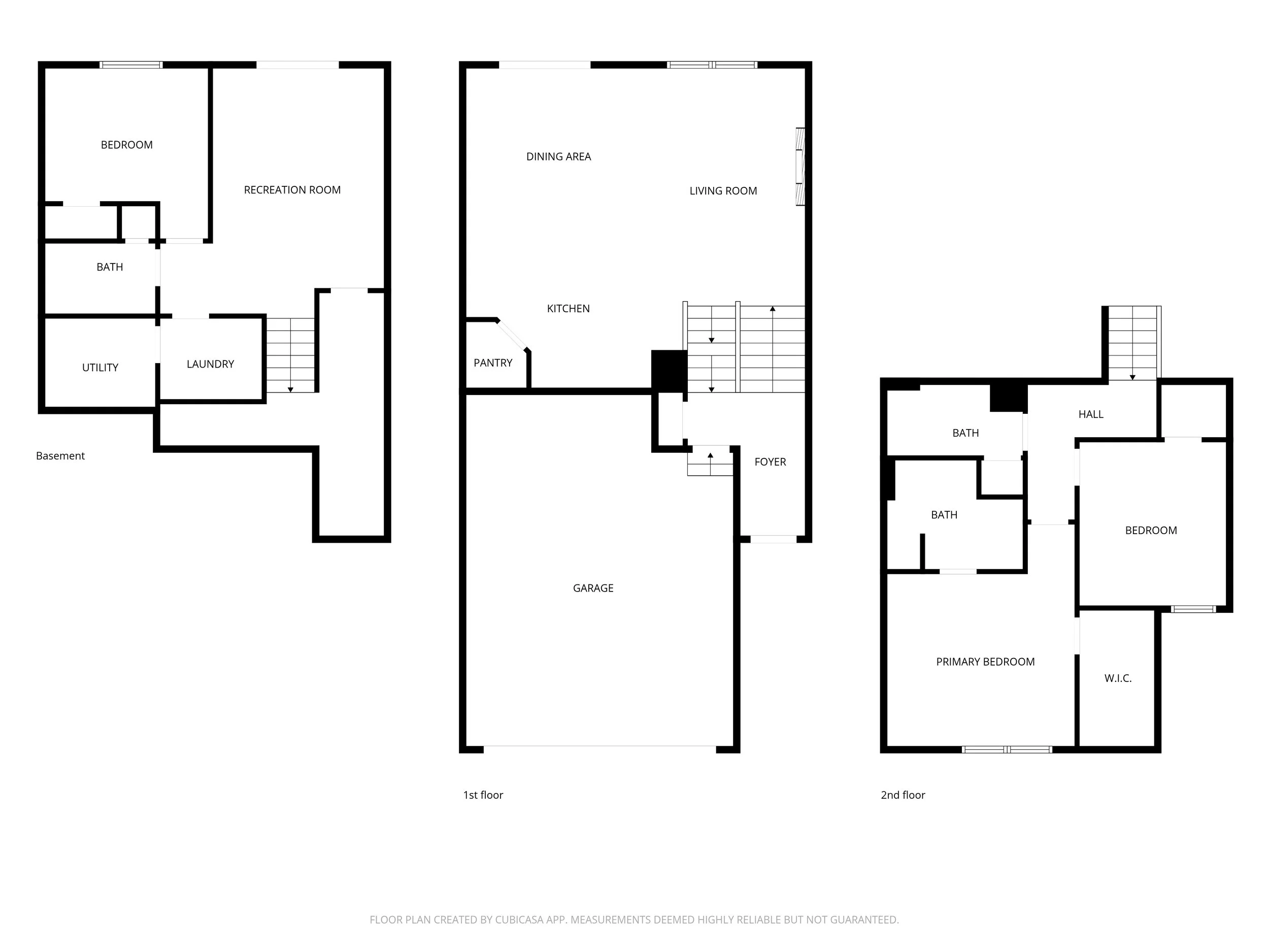 Floor plan of a multi-story house showing layout on the first, second, and basement levels, including rooms such as bedrooms, bathrooms, living and dining areas, kitchen, pantry, utility, laundry, foyer, hall, garage, primary bedroom, walk-in closet,
