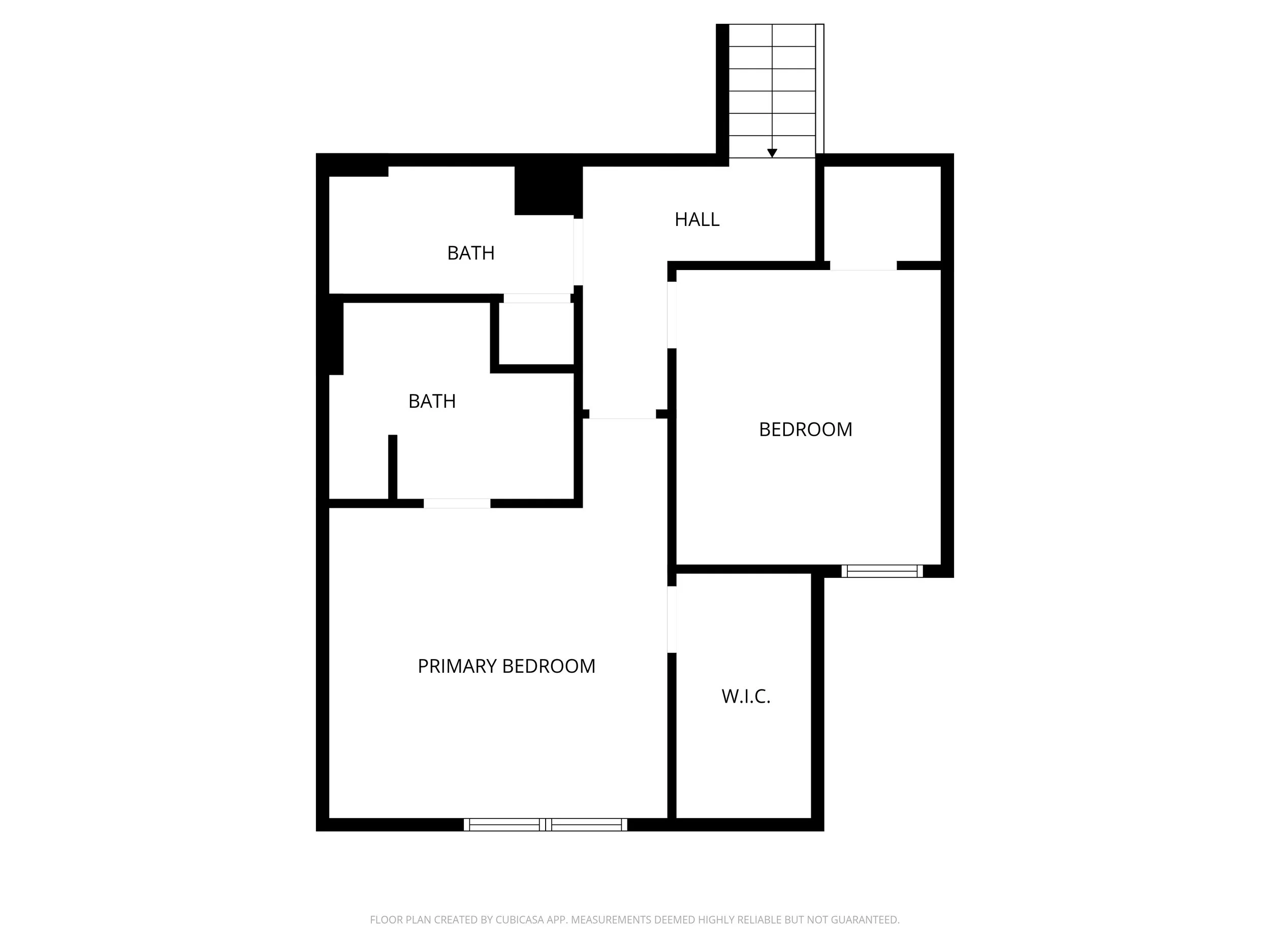 Black and white floor plan with labeled rooms including two bathrooms, a hall, a bedroom, a walk-in closet, and stairs.