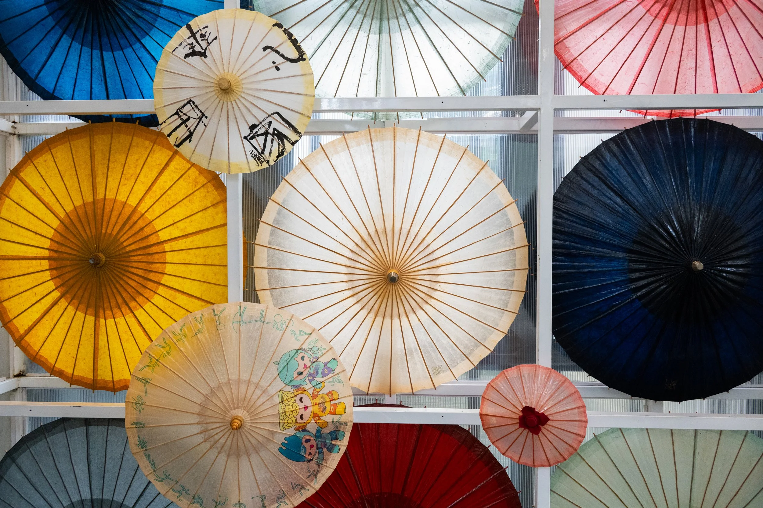 Collection of colorful paper umbrellas hanging on a ceiling.