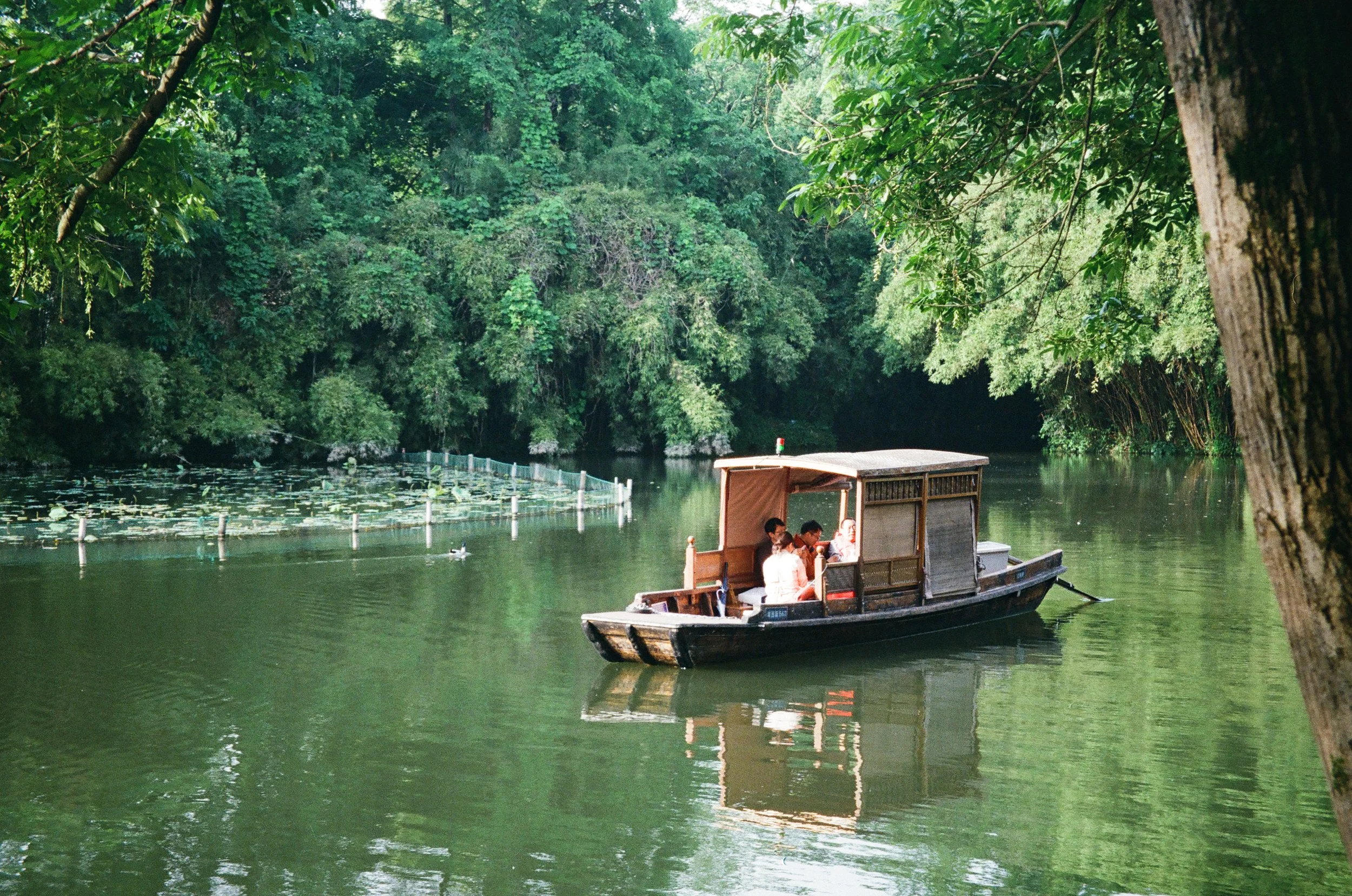 A small boat with a roof carrying five people on a calm, green river surrounded by lush trees.