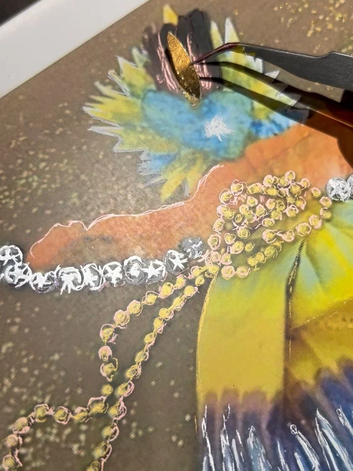 This version of &ldquo;Medicine Dancer&rdquo; took time. My process often looks like switching tools, shifting mediums, and starting over more than once. Finally, this piece is speaking back. Encased in a shadow box with quartz, this really feels lik