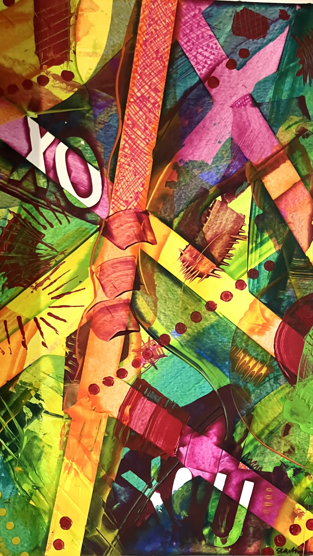 Colorful abstract collage with overlapping shapes, patterns, and textures in bright neon colors, including green, yellow, pink, and red, with some text and decorative elements.