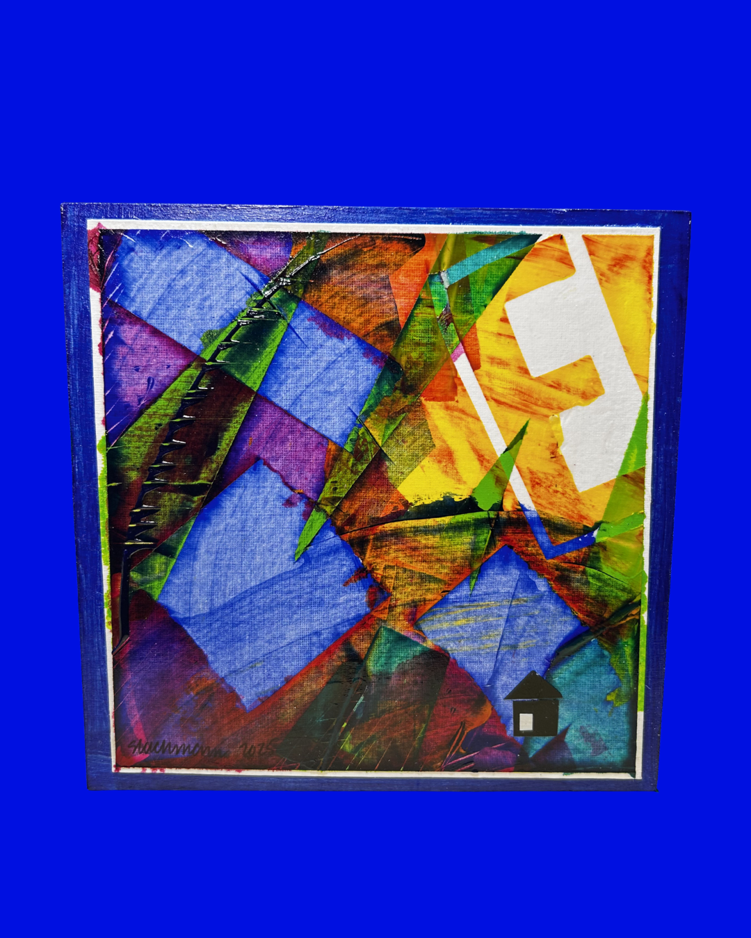 A colorful abstract painting with geometric shapes and bold colors, including blue, green, yellow, orange, and purple, framed by a blue border, featuring a small black house silhouette at the bottom right corner.