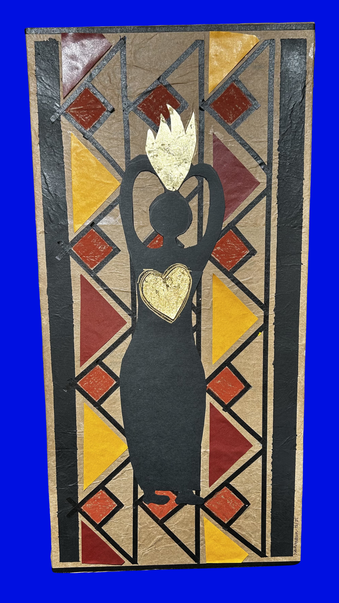 Silhouette of a woman with a heart on her chest and a flame on her head against a geometric background.