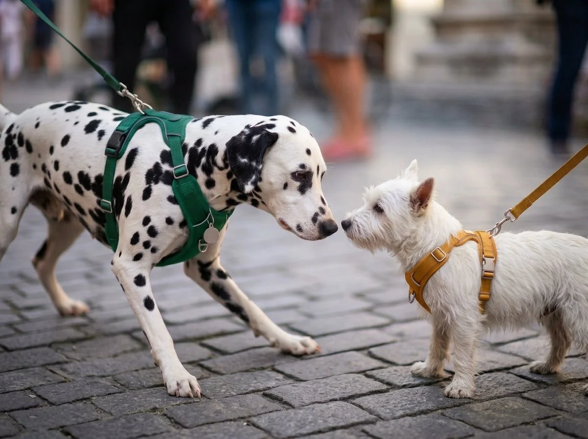 Zwei Hunde begegnen sich entspannt an der Leine – Hundetraining Luzern
