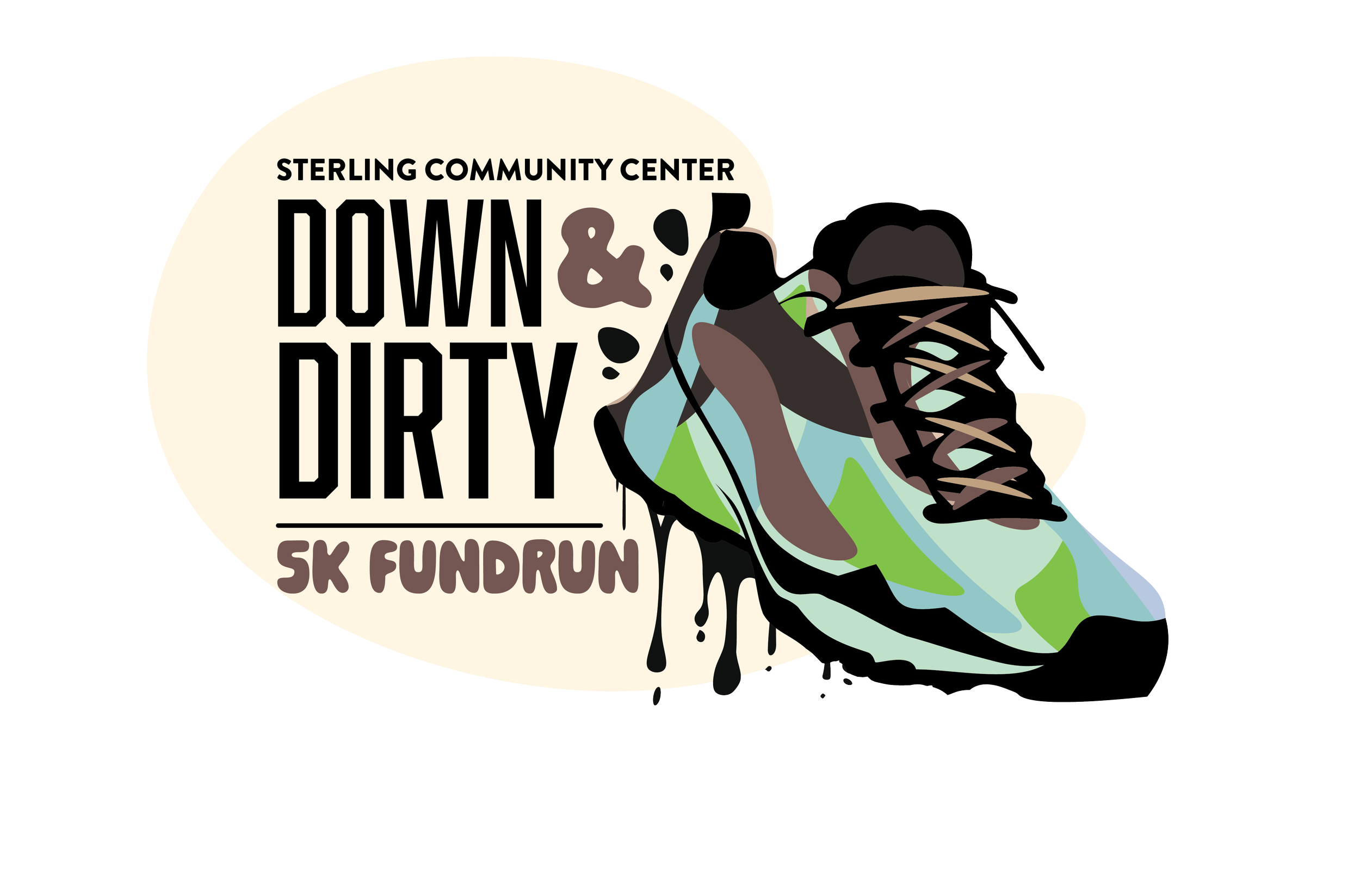 Logo for Sterling Community Center Down & Dirty 5K Fun Run, featuring a stylized running shoe with black, green, blue, and brown colors in front of an oval background with the event name.