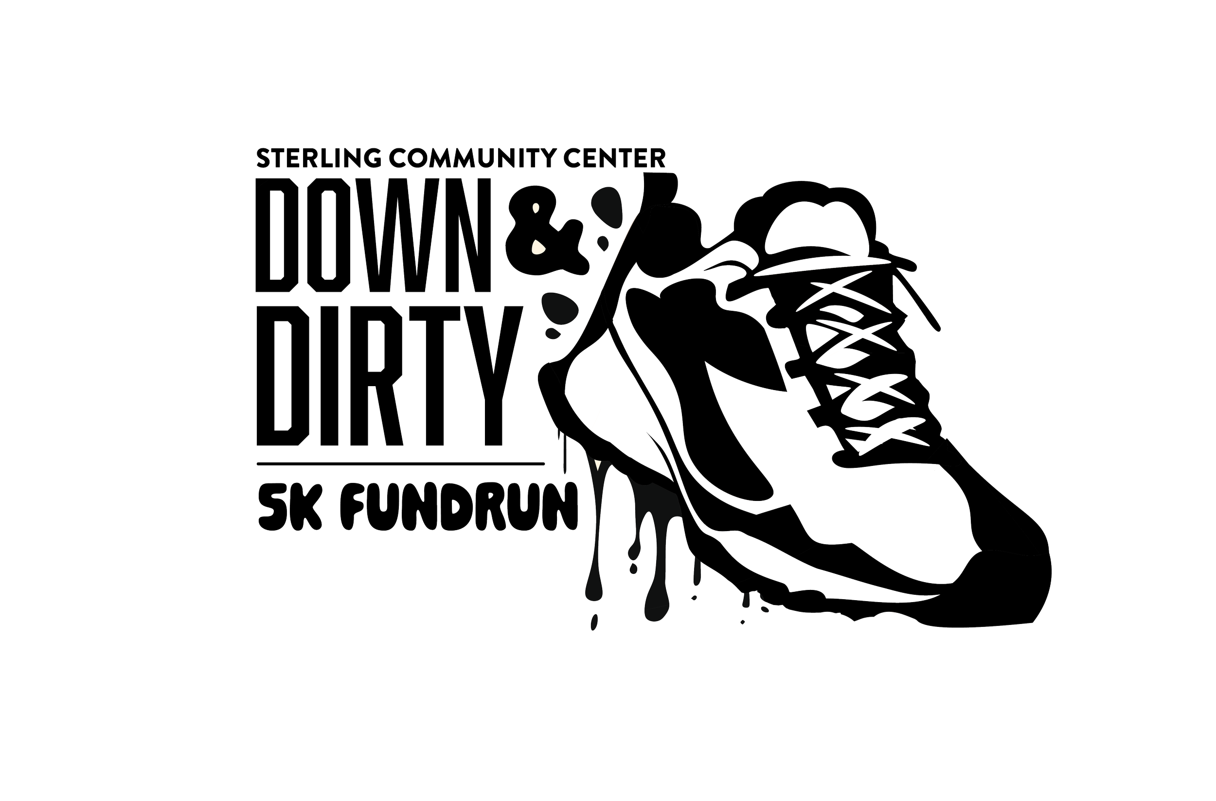 Outline of a running shoe with dripping paint, accompanied by text that reads 'Sterling Community Center Down & Dirty SK Fundrun' on a black background.