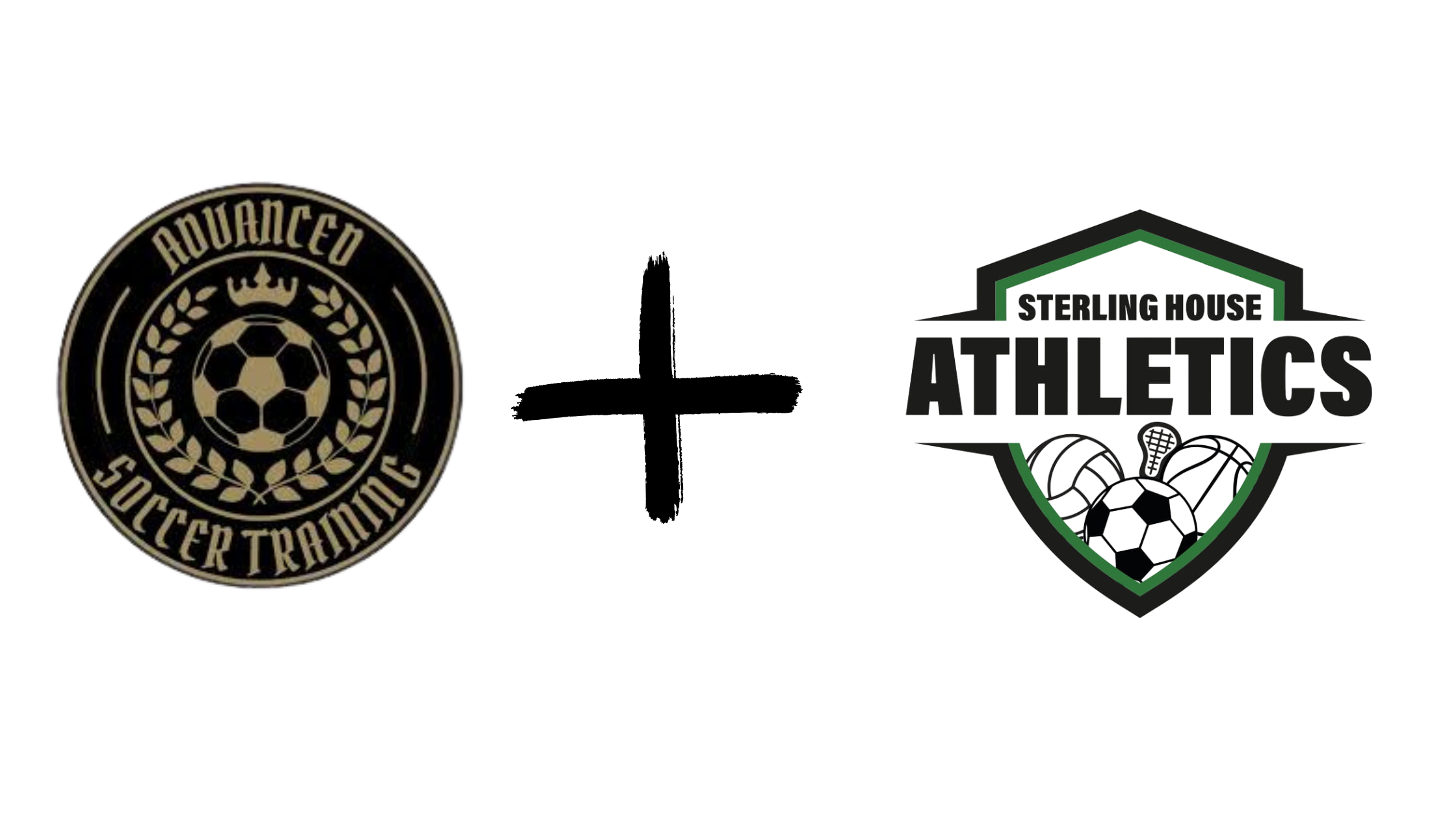 Logos for soccer training and athletics organizations, including a circular emblem with a soccer ball and crown for Advanced Soccer Training and a shield with soccer balls and the text Sterling House Athletics.