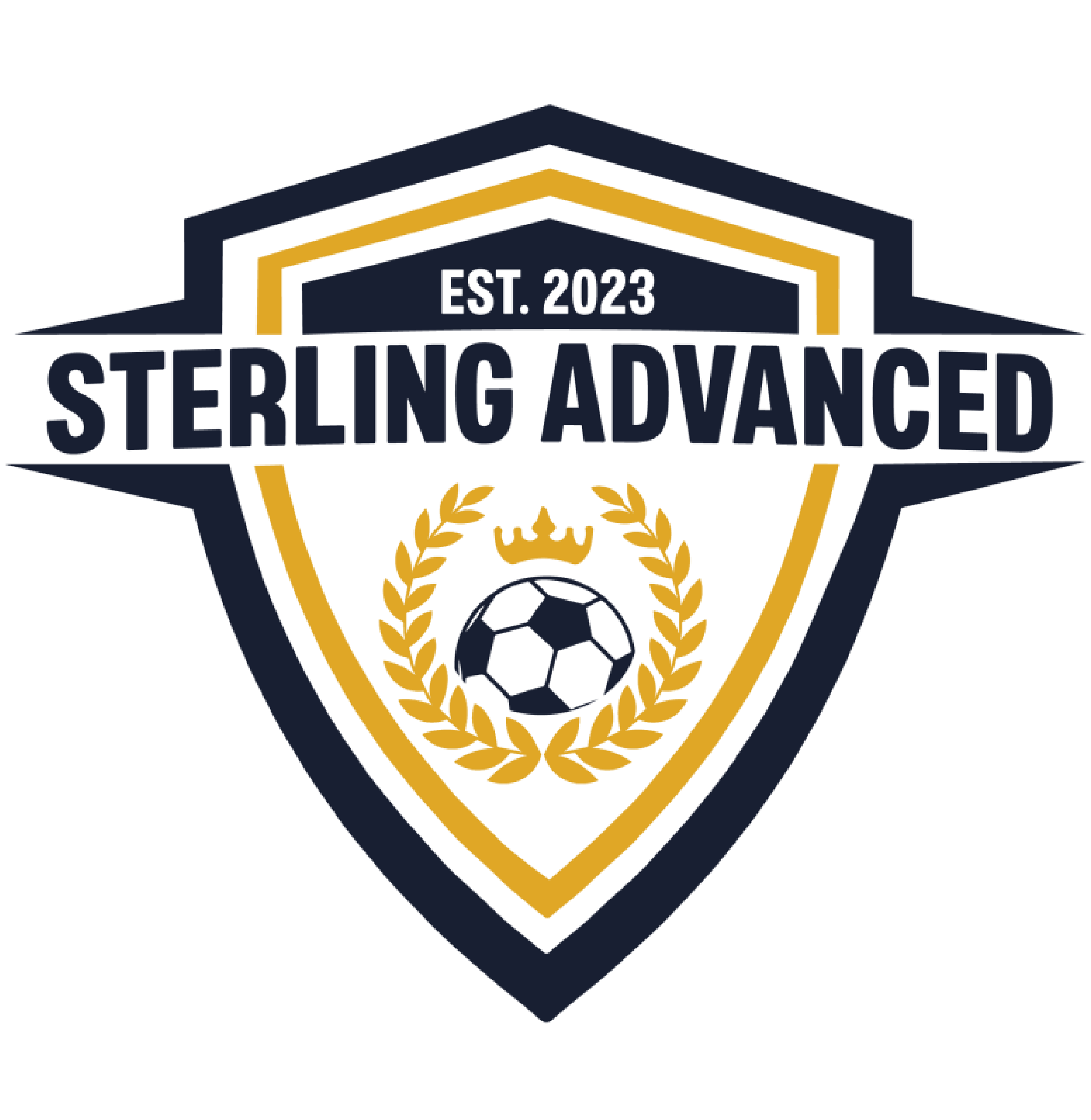 A logo with a shield shape featuring the words "Sterling Advanced" and "Est. 2023," a soccer ball, a crown, and laurel wreaths, in navy blue and gold colors.