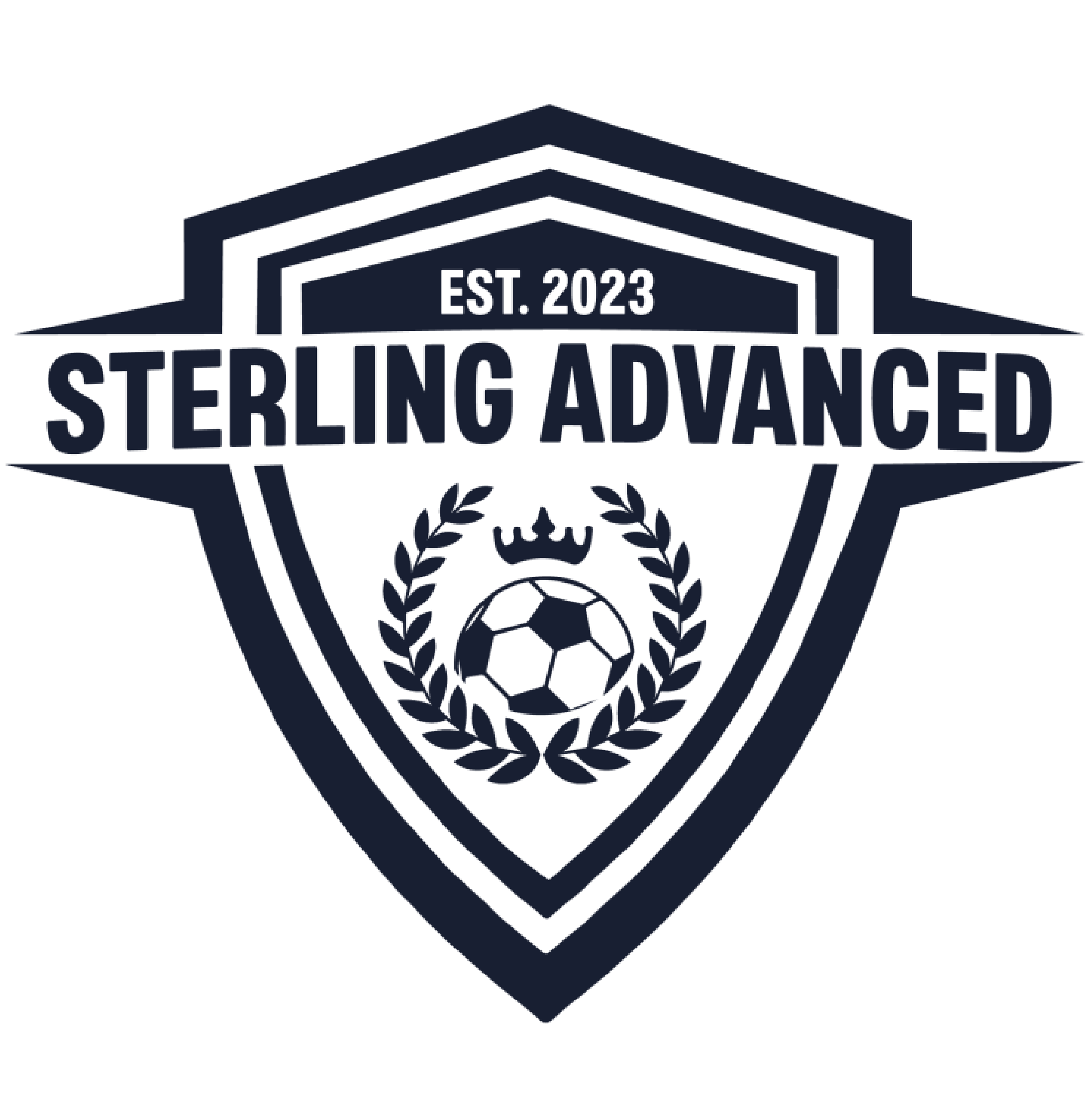Logo for Sterling Advanced, established in 2023, featuring a shield with a soccer ball, a crown, and laurel branches.