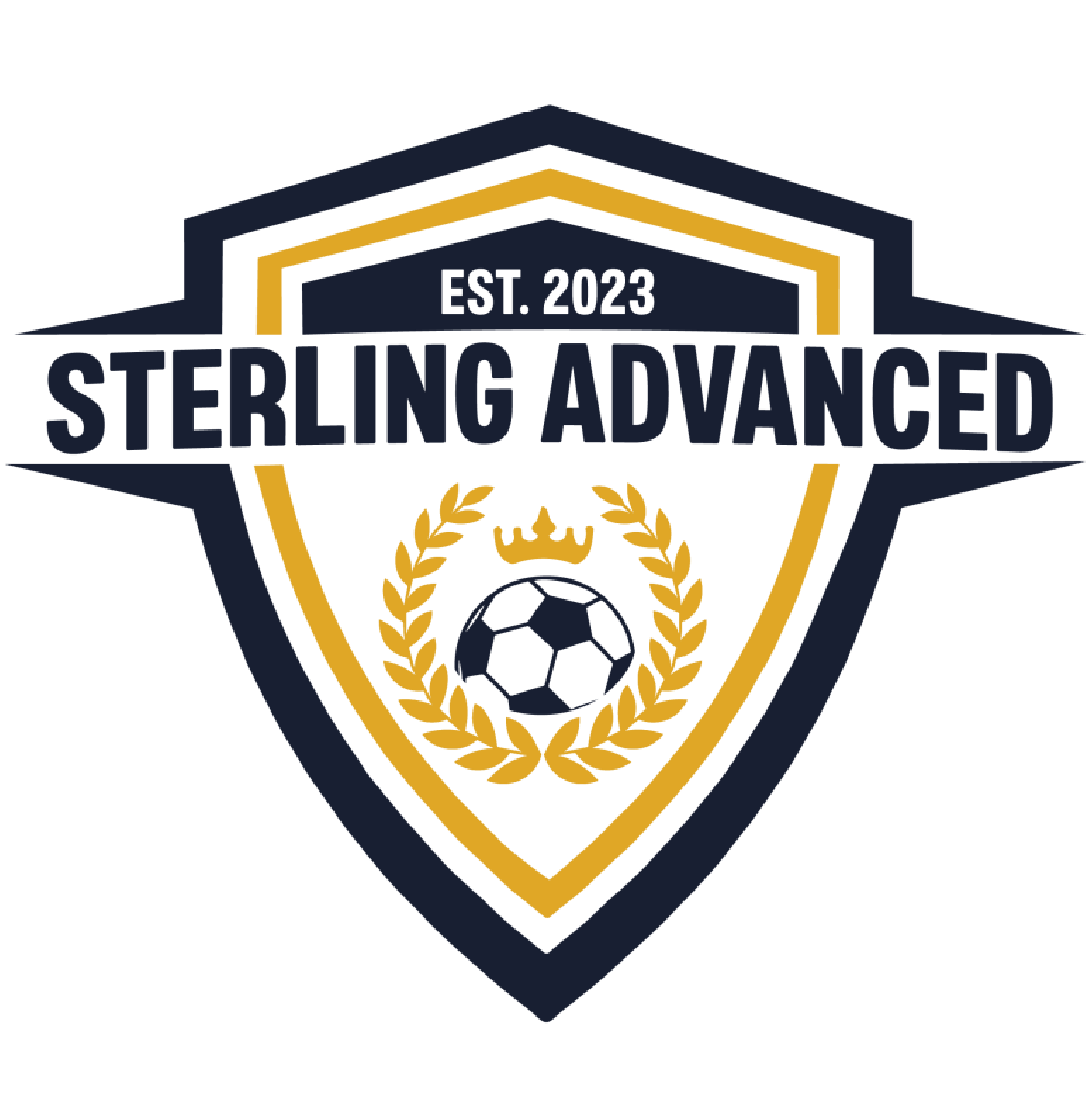 Sterling Advanced soccer team logo featuring a shield, a soccer ball with a crown, laurel wreath, and banner with the team name and establishment year.