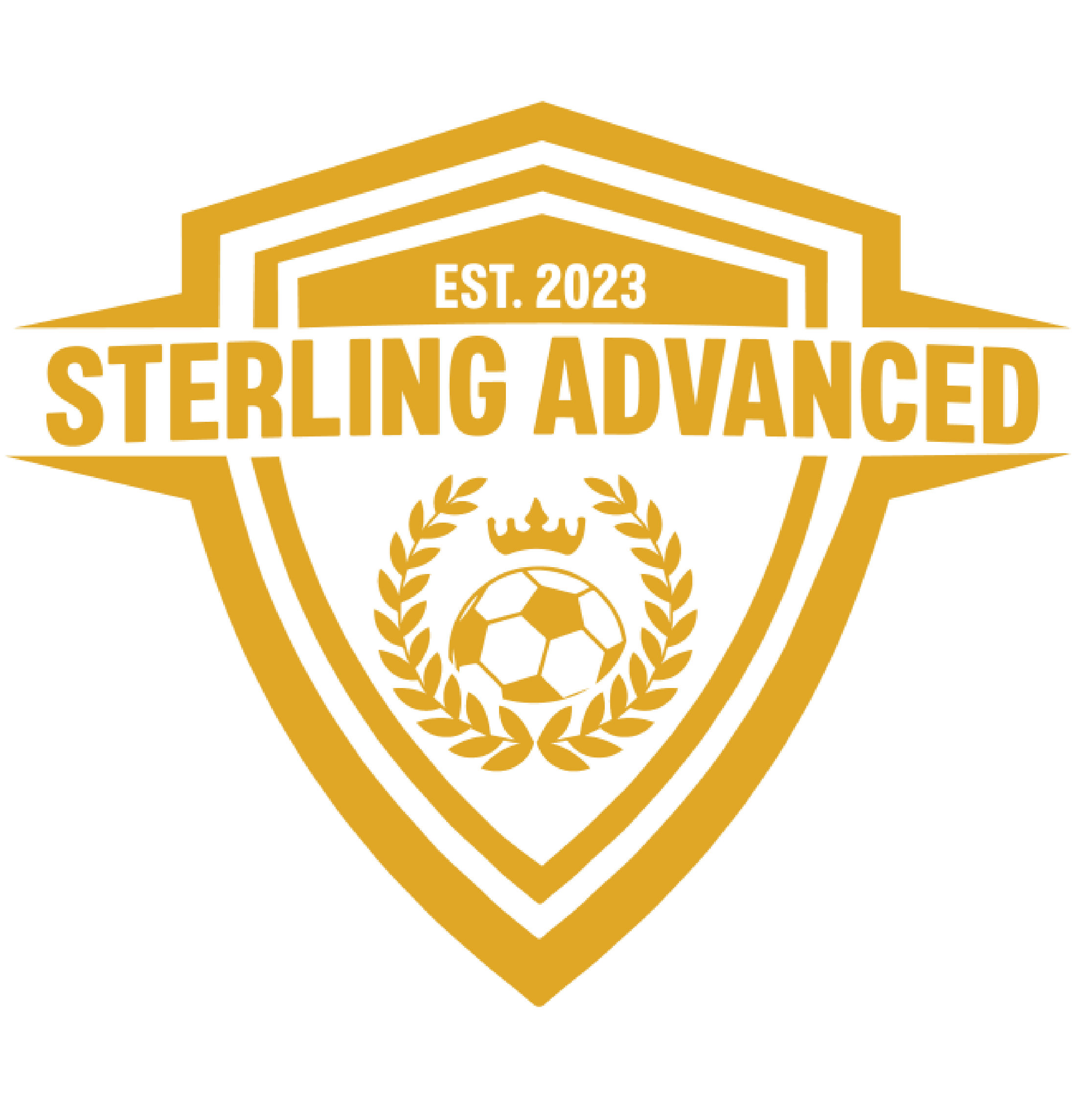 A black and gold shield logo for Sterling Advanced, established in 2023, featuring a soccer ball with a crown and laurel wreath.