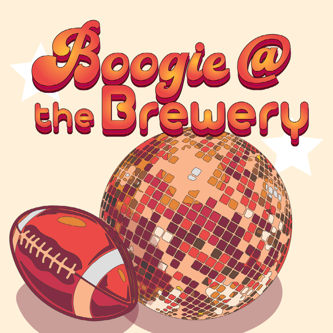 Retro-style logo featuring text 'Boogle @ the Brewery' above a disco ball and football, with star accents on a light background.