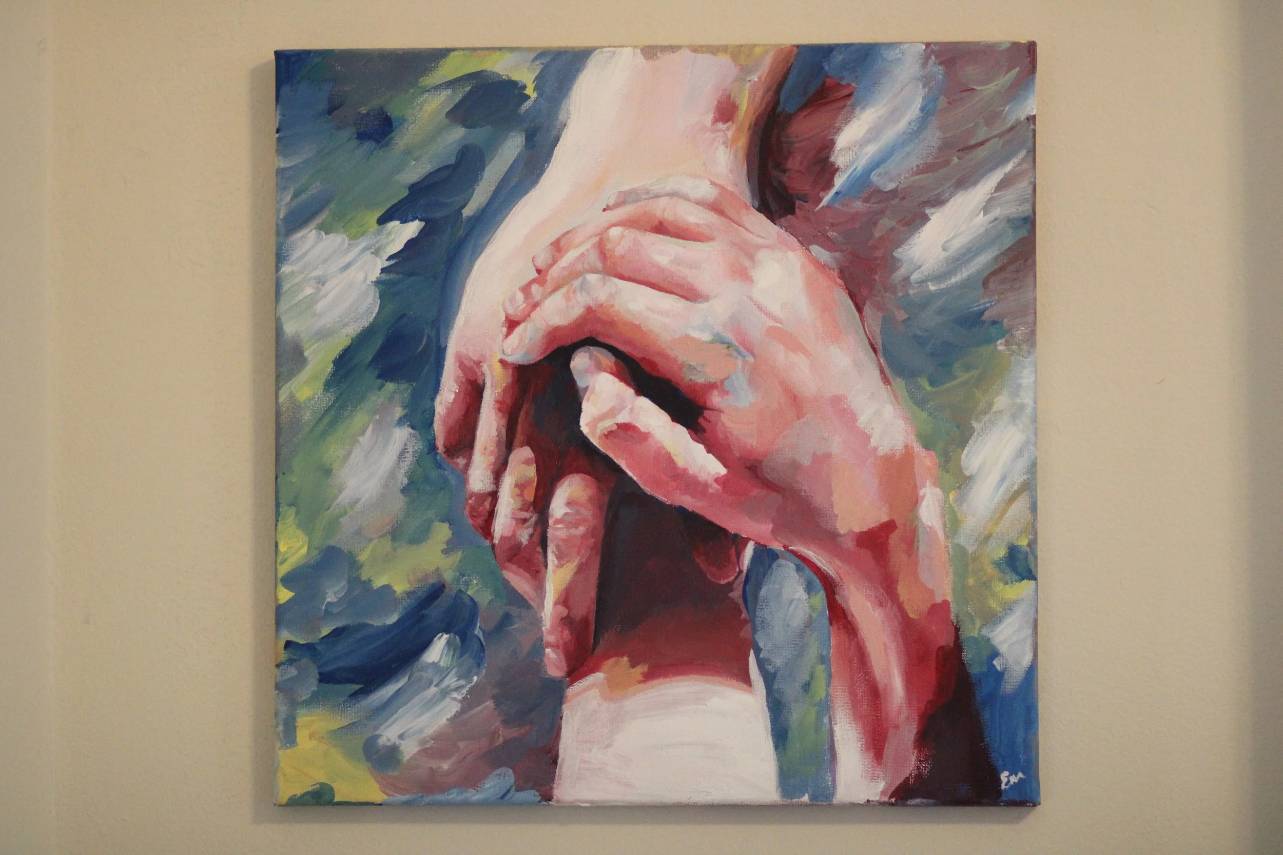 An abstract painting of two hands intertwined, with one hand holding the thumb of the other, surrounded by colorful brushstrokes.