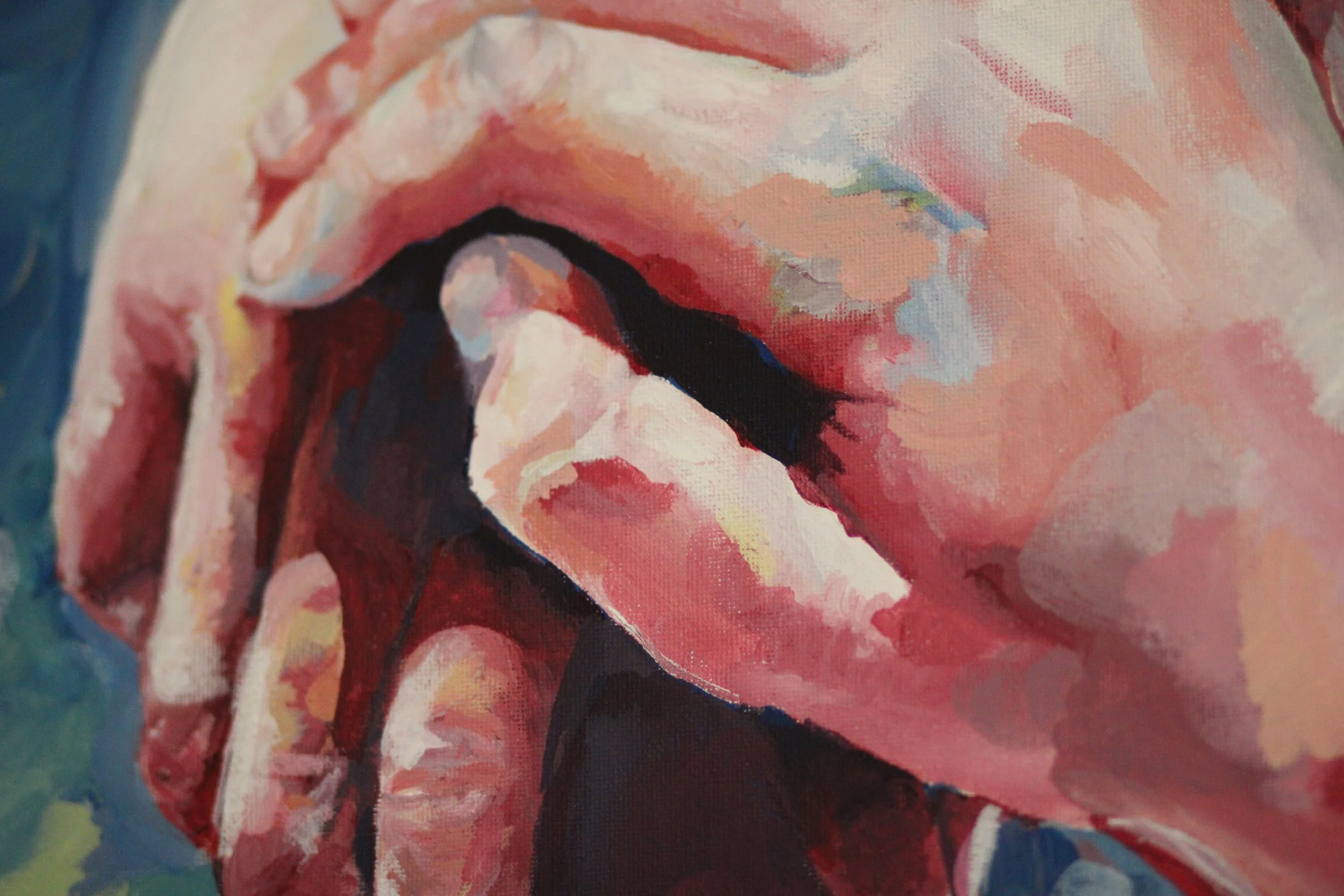 Close-up of a person holding a knife to their lips, painted in a colorful, abstract style.