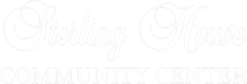 Black background with white text reading "Sterling House Community Center," with "Sterling House" in elegant cursive and "Community Center" in bold uppercase letters.