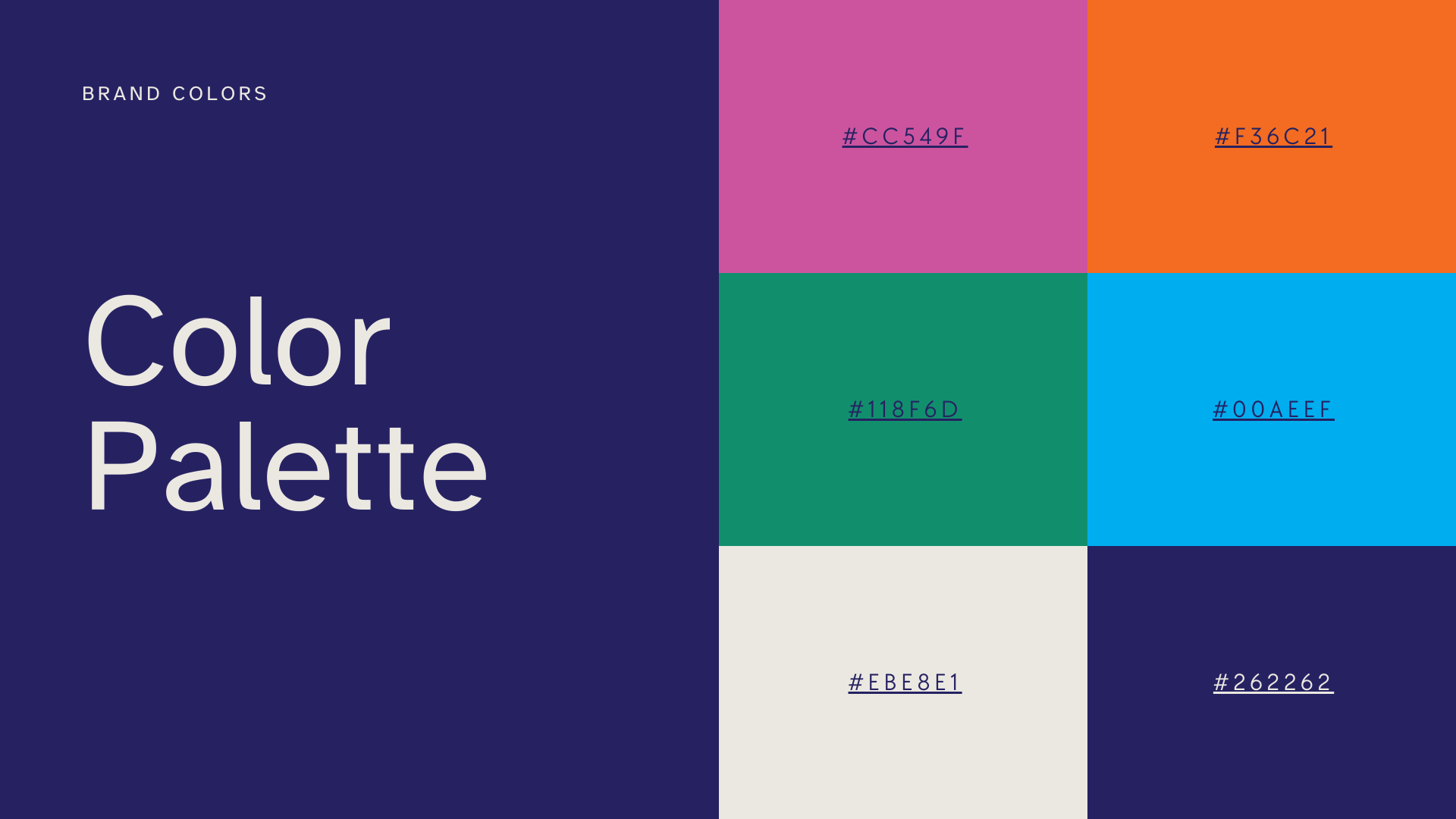 A color palette with six different colors and their hex codes, alongside the text "Color Palette" and "Brand Colors" on a purple background.