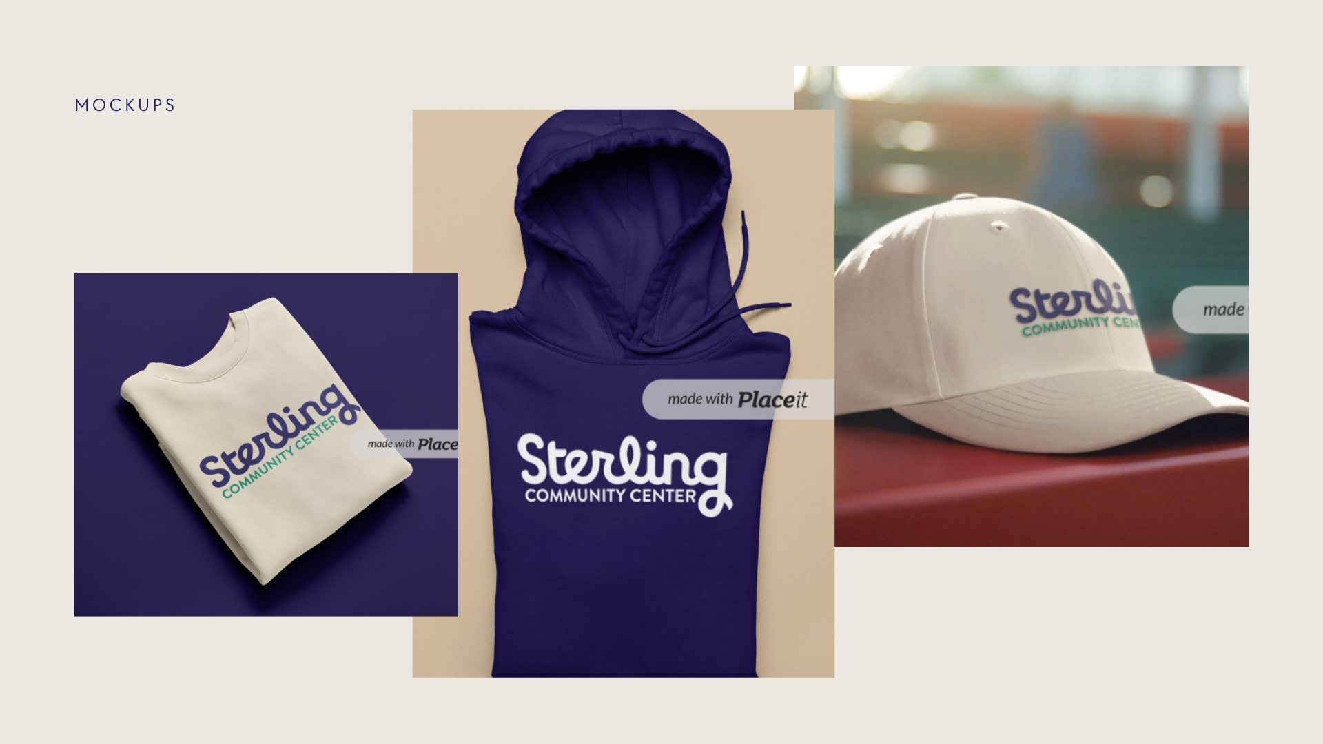 Mockup display of branded clothing and accessories including a white crewneck sweatshirt, a purple sleeveless hoodie, and a white baseball cap, all featuring the Sterling Community Center logo.
